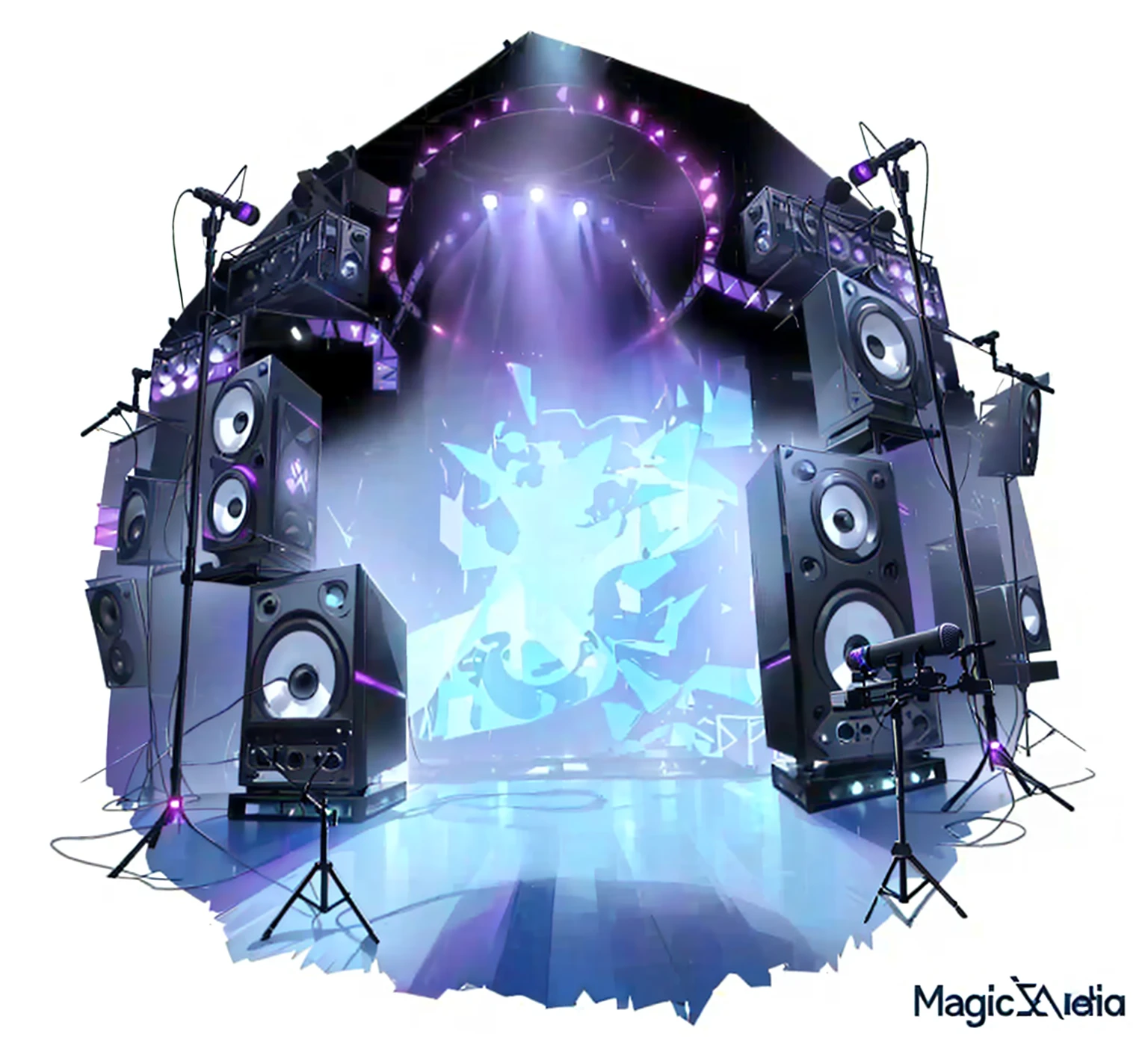 There are many speakers and microphones arranged in a circle，There is another lamp, elaborate stage effects, stage background, music show, Nightclub Background, stage at a club, dance music show, Magic music, dj rave , stage, dj set, dj, Virtual Scene, on rock concert stage, Technology , Airbrush Fantasy 80s, Wonderful technology , Carnival Background