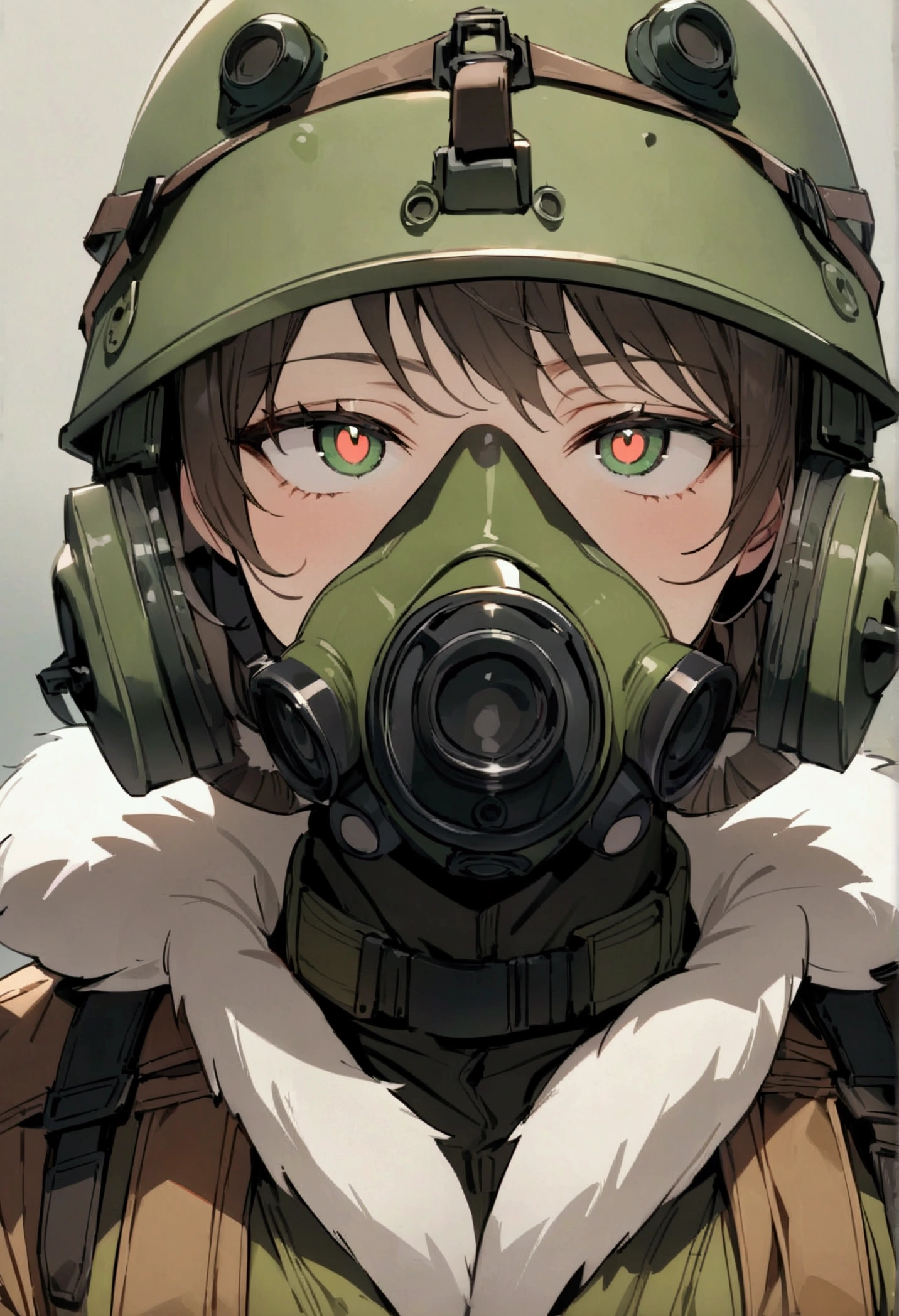 (Masterpiece), Best Quality, expressive eyes, Perfect face, male, Green tactical helmet, black M50 gas mask, brown leather coat with fur lining, green tactical vest, waist up view, Upper part of the body