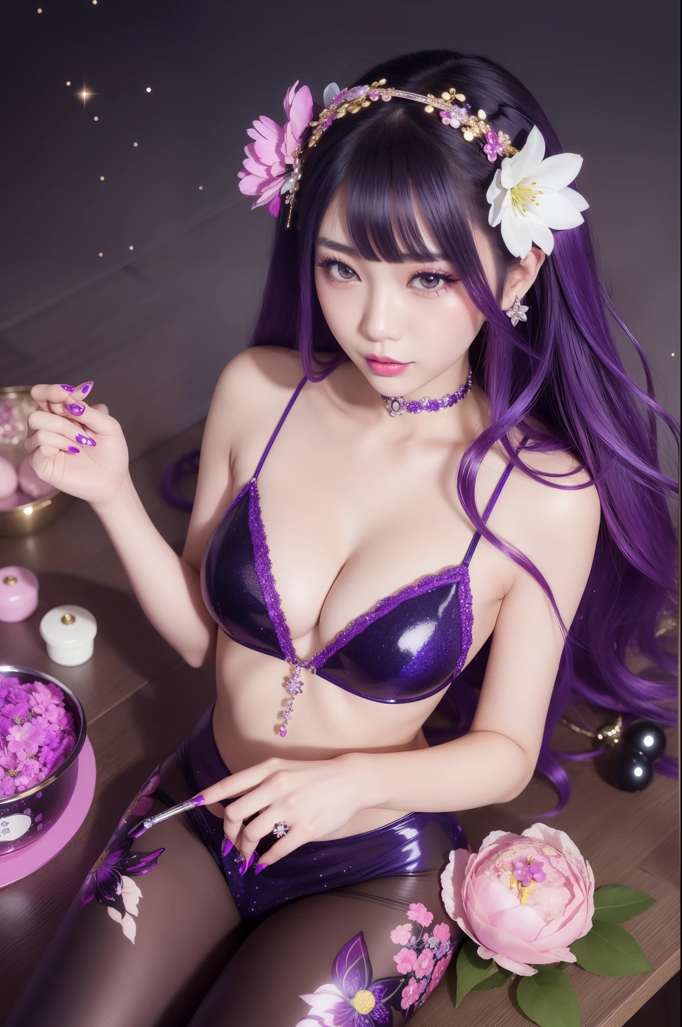 sexy Japanese model who controls poison、beautiful smile、lipgloss、bold lipstick、intense makeup、look at the camera、full body Esbian、、sparkling poisoned flower costume、、、、sparkling Colorful hair、secrete poison、skull hair accessories、sexy tights、shiny sparkling flowers background