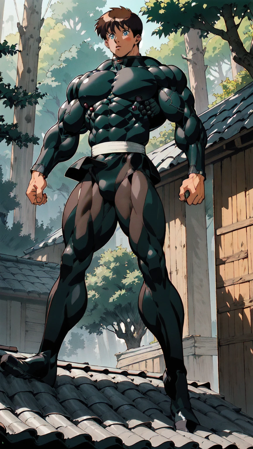 {{{(((24-year-old)))}}}, (big (((dark green eyes))) ), ((tired eyes)), ((relaxed and huge eyes)), (((face similar to Shinji Ikari))), (very short (combed parted) (((very dark brown hair))) ), (wide muscular athletic body), spider-man physique, (big wide muscular trapezius), (big muscular latissimus), muscular lower back, wide torso, big arm muscles, long arms, bulky arms, (wide giant round shoulders), toned abs, toned quadriceps, toned calf muscles, toned hamstring muscles, big muscular legs, bulky legs, firm muscular glutes, light skin, (((doglike))), (((softhearted))), (((socially awkward))), (((sensative))), {{{(((young man)))}}}, (((wearing a ( skintight long sleeve ( (black) shirt) with ( (dark gray) skintight compression pants) ) ))), (((brown (combat boots) ))), (((fighter))), (((bounty hunter))), (((bulge in pants))) , {{{(((character ((bashfully)) doing karate pose)))}}}, {{{(((character in a fantasy forest (village) )))}}}, {{{(((character doing karate on a roof)))}}}, {{{(((night)))}}}, {{{(((great anatomy)))}}}, {{{(((high muscle mass)))}}}, {{{(((well-toned muscles)))}}}, {{{(((well-trained muscles)))}}}, {{{(((best quality)))}}}, {{{(((masterpiece)))}}}, {{{(((wide shot)))}}}, {{{(((90s anime)))}}}