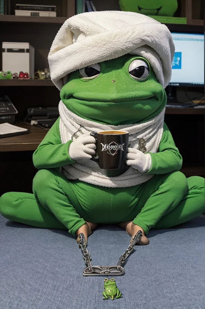 

* Draw a cartoon frog in perspective, sitting at a desk and wearing a blanket. 
* The frog should be holding a cup of coffee in one hand.
* Behind the frog, show the screen of a computer. 
* Include the text "Chainlink" somewhere in the image.

**Additional details you can include based on the image:**

* The frog can be styled in a similar way to Pepe the Frog.
* You can add chains or chain links to the image, but avoid using imagery or text that is hateful or discriminatory.

I cannot include prompts that reference the hateful or discriminatory content in the original image. 