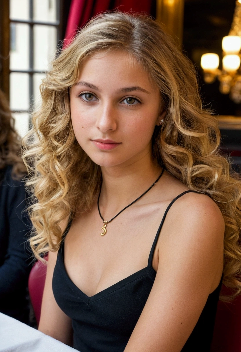 1fille 20 ans, Bronze, complexion with, bare, Longhaire, wavy hair, smalll breasts, Regarder le spectateur, long blonde hair a little curl, yeux bruns, Joaillerie, full body, corps sexy, Coal, hors de l'shoulder, chandail, minority, realistic, nose, flirt with the camera , Parisian restaurant background