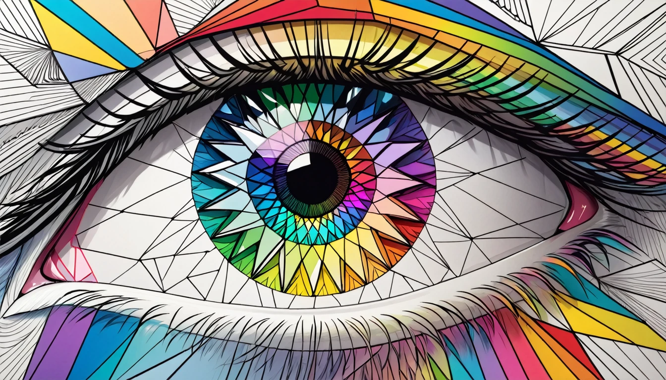 an intricate drawing of an eye, polygons, rainbowshift, Never Ending Loop