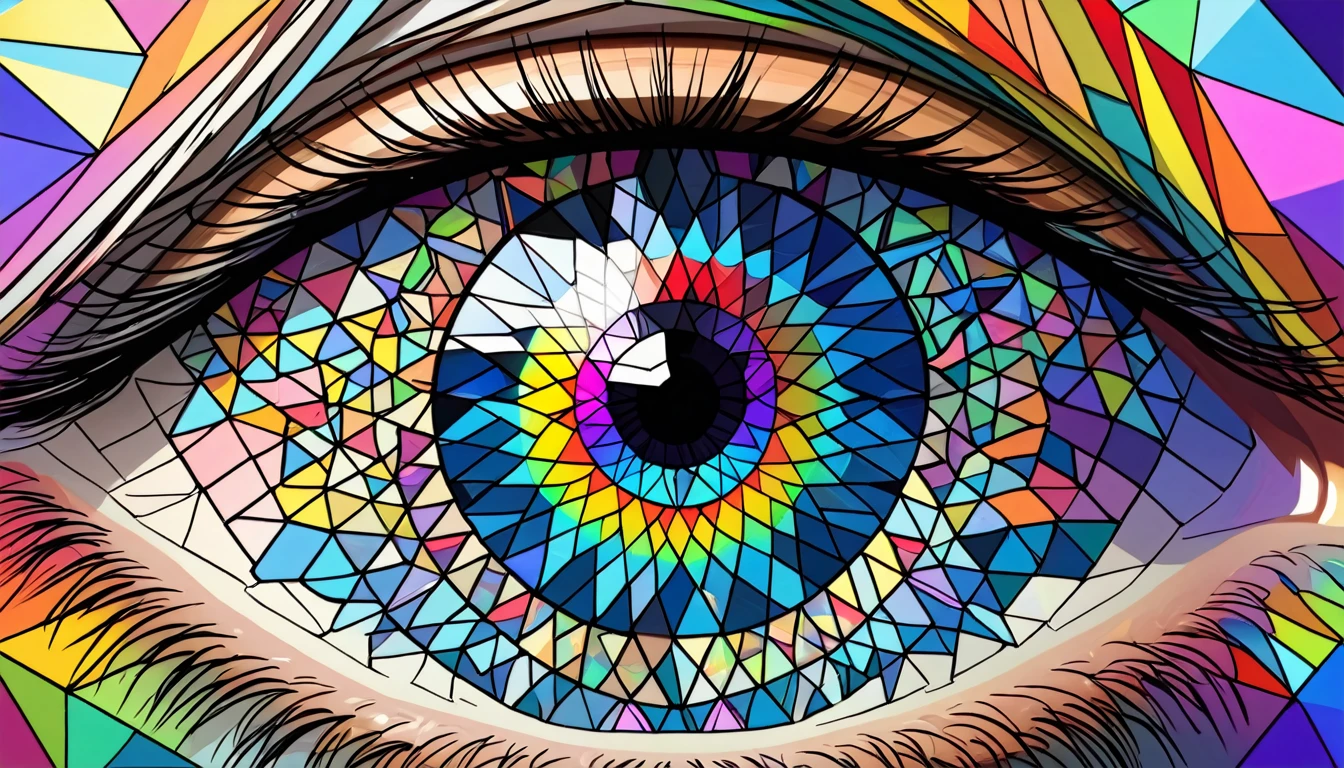 an intricate drawing of an eye, polygons, rainbowshift, Never Ending Loop