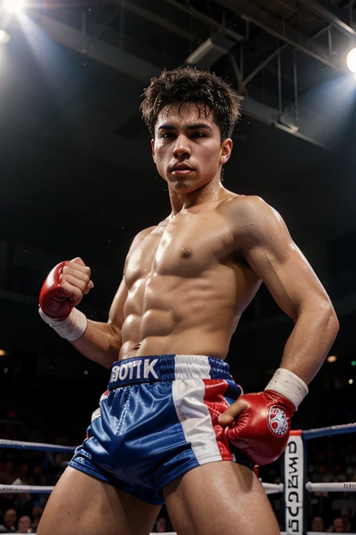 a box fighter, in the ring, short stature, robust, latino, anime style