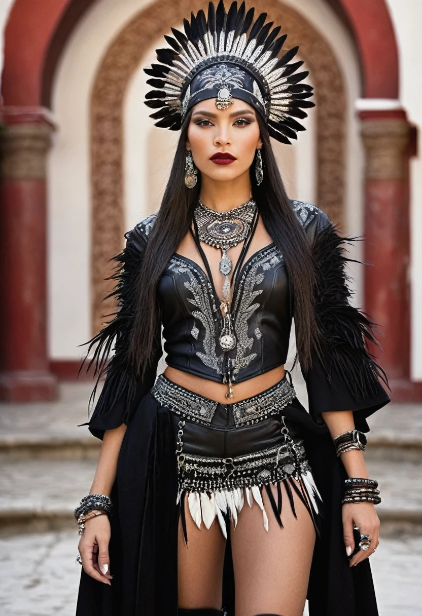 ### Paula: Soprano Voice
**Hair**: negro, long, with small braids decorated with indigenous beads and feathers.
**outfit**:
Paula lleva vestidos longs de terciopelo negro, tight with lace corsets. Their dresses usually have long, flared sleeves and are adorned with fine embroidery of indigenous motifs.. He usually wears long velvet or silk capes with a hood., decorated with delicate embroidery.
**accessories**:
Wear silver and dark metal necklaces with precious stones and indigenous motifs. It has leather bracelets with metallic details and large rings with dark stones.. Sometimes, she wears small tiaras or headbands with feathers and precious stones that complement her braids.
**shoes**:
High leather boots with heels, decorated with buckles and lace or velvet details.
**make-up**:
Smokey eyes in dark tones, silver and gold, with intense eyeliner and long eyelashes. Burgundy lips, black or deep red.
### Alejandra: Guttural Voice
**Hair**: short, shoulder-length, usually loose or messy.
**outfit**:
Alejandra wears studded leather jackets, indigenous band and embroidery patches. His leather pants are tight and have hanging chains and indigenous embroidery on the sides..
**accessories**:
He wears long thick chains, leather and metal bracelets with indigenous motifs, and large rings with aggressive designs. depending on the song, wear masks and crowns made with natural materials and metallic details.
**shoes**:
Large military boots, black, with buckles and metal details.
**make-up**:
Eyes lined with intense black and dark shadows with red or silver details. Lips in black or intense red tones.