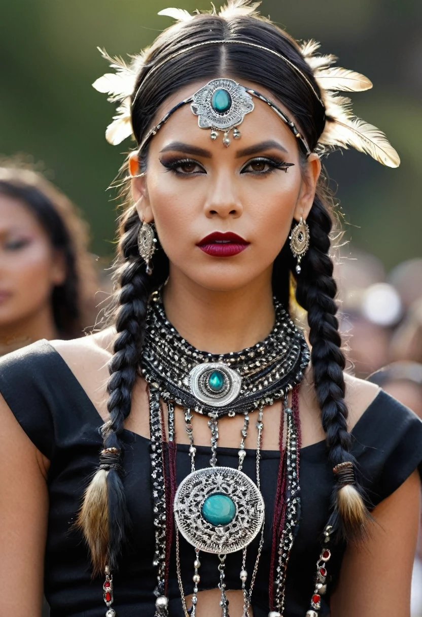 ### Paula: Soprano Voice
**Hair**: negro, long, with small braids decorated with indigenous beads and feathers.
**outfit**:
Paula lleva vestidos longs de terciopelo negro, tight with lace corsets. Their dresses usually have long, flared sleeves and are adorned with fine embroidery of indigenous motifs.. He usually wears long velvet or silk capes with a hood., decorated with delicate embroidery.
**accessories**:
Wear silver and dark metal necklaces with precious stones and indigenous motifs. It has leather bracelets with metallic details and large rings with dark stones.. Sometimes, she wears small tiaras or headbands with feathers and precious stones that complement her braids.
**shoes**:
High leather boots with heels, decorated with buckles and lace or velvet details.
**make-up**:
Smokey eyes in dark tones, silver and gold, with intense eyeliner and long eyelashes. Burgundy lips, black or deep red.
### Alejandra: Guttural Voice
**Hair**: short, shoulder-length, usually loose or messy.
**outfit**:
Alejandra wears studded leather jackets, indigenous band and embroidery patches. His leather pants are tight and have hanging chains and indigenous embroidery on the sides..
**accessories**:
He wears long thick chains, leather and metal bracelets with indigenous motifs, and large rings with aggressive designs. depending on the song, wear masks and crowns made with natural materials and metallic details.
**shoes**:
Large military boots, black, with buckles and metal details.
**make-up**:
Eyes lined with intense black and dark shadows with red or silver details. Lips in black or intense red tones.