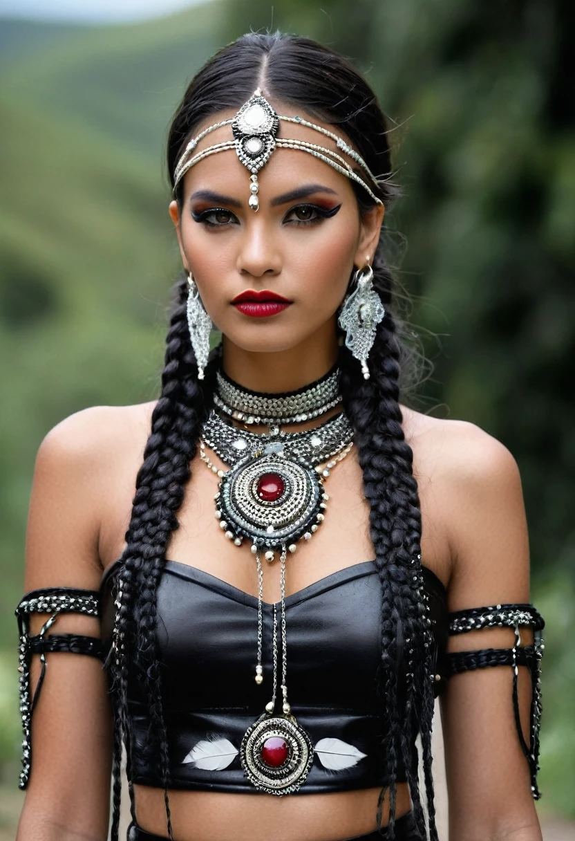 

### Paula: Soprano Voice
**Hair**: negro, long, with small braids decorated with indigenous beads and feathers.

**outfit**: 
Paula lleva vestidos longs de terciopelo negro, tight with lace corsets. Their dresses usually have long, flared sleeves and are adorned with fine embroidery of indigenous motifs.. He usually wears long velvet or silk capes with a hood., decorated with delicate embroidery.

**accessories**: 
Wear silver and dark metal necklaces with precious stones and indigenous motifs. It has leather bracelets with metallic details and large rings with dark stones.. Sometimes, she wears small tiaras or headbands with feathers and precious stones that complement her braids.

**shoes**: 
High leather boots with heels, decorated with buckles and lace or velvet details.

**make-up**: 
Smokey eyes in dark tones, silver and gold, with intense eyeliner and long eyelashes. Burgundy lips, black or deep red.

### Alejandra: Guttural Voice
**Hair**: short, shoulder-length, usually loose or messy.

**outfit**: 
Alejandra wears studded leather jackets, indigenous band and embroidery patches. His leather pants are tight and have hanging chains and indigenous embroidery on the sides..

**accessories**: 
He wears long thick chains, leather and metal bracelets with indigenous motifs, and large rings with aggressive designs. depending on the song, wear masks and crowns made with natural materials and metallic details.

**shoes**: 
Large military boots, black, with buckles and metal details.

**make-up**: 
Eyes lined with intense black and dark shadows with red or silver details. Lips in black or intense red tones.

