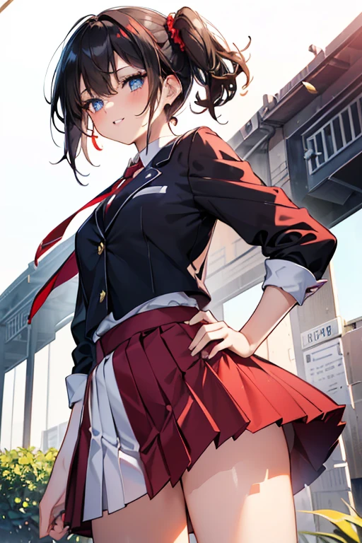 #Basics A girl is posing for a photo, animeのかわいい女の子, (((One Girl, Baby Face, Young girl, 16 years old))), 
BREAK 

#Clothing Accessories 
(A school blazer with a black base and red accents + (Red and white)Checkered pleated skirt + A tie with a diagonal blue line on a red background + White knee-high socks with red lines:1.4 + Brown Loafers), 
small red earrings, Silver Bracelet, 
BREAK 

#Features 
((Black Hair)), Curly hair, (Twin tails : Short Hair + Wavy Hair + Hair blowing in the wind + Curly Hair + Red scrunchie),  
(Droopy eyes, blue eyes), (Small breasts), 
BREAK 

#background environment 
(noon、(Sunlit schoolyard + grass)), 
#Facial Expression Pose
((A happy look + Open your mouth:3 + smile), (Standing pose with palms lightly placed on the sides of the hips)), 
#composition 
((Face the camera, Angle from below, Cowboy Shot)),  
BREAK 

#Body parts elements 
(Detailed hair, Beautiful Hair, Shiny Hair), 
(double eyelid, Long eyelashes), 
(Expression of fine eyes, Beautiful and delicate eyes, Sparkling eyes, Eye Reflexes, Glitter Eyeliner), 
(Human Ear), 
(Beautiful Nose, Thin Nose), 
(Glossy lips, Beautiful Lips, Thick lips, Glossy Lips, Natural Cheeks), 
(Detailed face, Symmetrical facial features), 
(Detailed skin, Textured skin, Beautiful Skin, Shiny skin), 
BREAK 

#Quality 
(((Highest quality)), ((masterpiece)), ((Very detailed))), ((High resolution), (16K,1080P)), 
(Realistic), (Anatomically correct), 
((comics, anime)), (3DCG), CG illustration,
