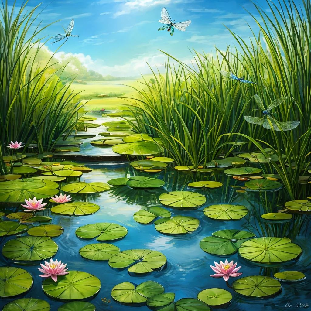 create a little cute frog in a pond with water lilies. The frog sits on a lily pad and looks happy. in the background, am Rand des Sees, a small mouse can be seen, who looks curiously into the water. A delicate dragonfly hovers above the frog. The pond is surrounded by green plants and reeds, and the atmosphere is peaceful and idyllic.