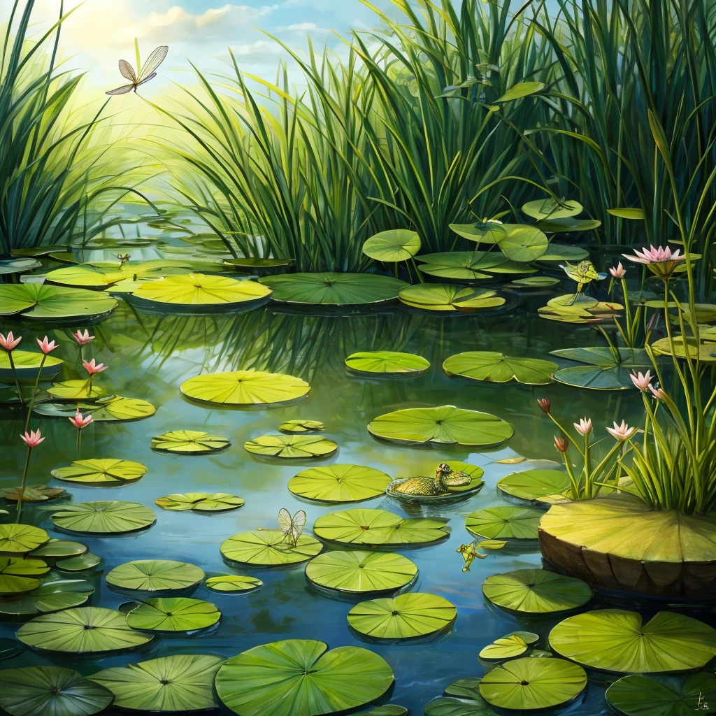 create a little cute frog in a pond with water lilies. The frog sits on a lily pad and looks happy. in the background, am Rand des Sees, a small mouse can be seen, who looks curiously into the water. A delicate dragonfly hovers above the frog. The pond is surrounded by green plants and reeds, and the atmosphere is peaceful and idyllic.