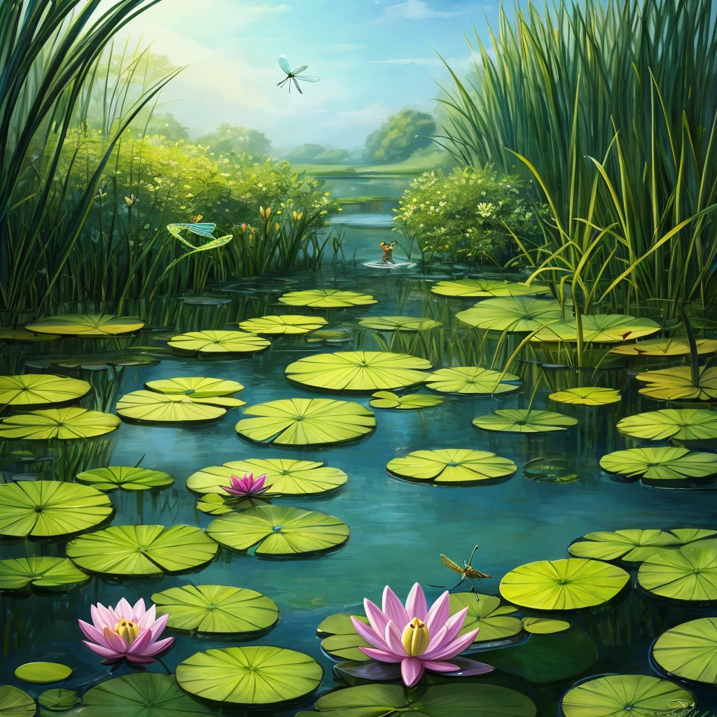create a little cute frog in a pond with water lilies. The frog sits on a lily pad and looks happy. in the background, am Rand des Sees, a small mouse can be seen, who looks curiously into the water. A delicate dragonfly hovers above the frog. The pond is surrounded by green plants and reeds, and the atmosphere is peaceful and idyllic.