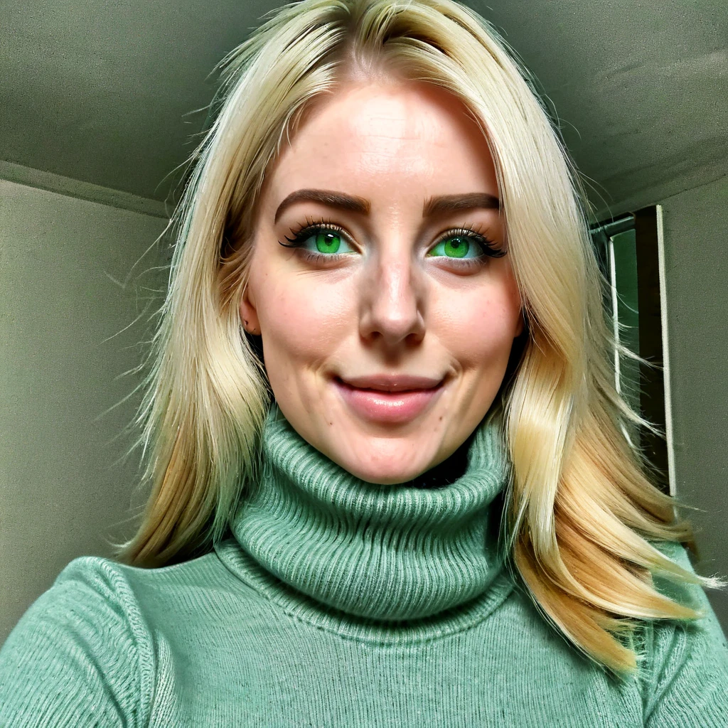 
girl with a huge beard, blonde, light dream green eyes, wears a turtleneck sweater, happy to receive her minoxidil beard product