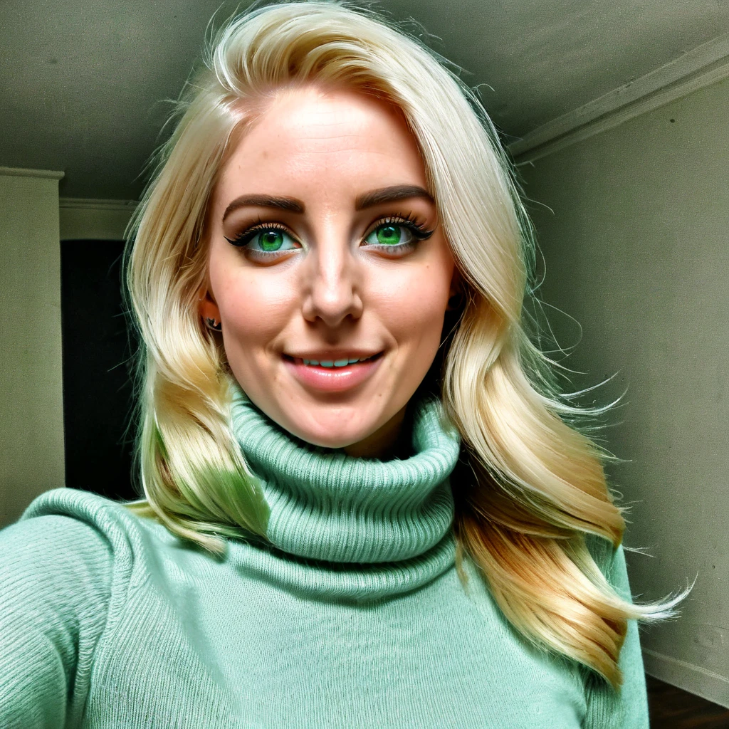 
girl with a huge beard, blonde, light dream green eyes, wears a turtleneck sweater, happy to receive her minoxidil beard product