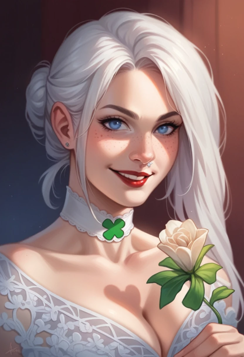 "(best quality,ultra-detailed),portraits,portrait of a woman with a beautiful and detailed face,(realistic) detailed blue eyes,light freckles around her nose,red lips,white hair,bunny teeth smile,white Saint Patrick's Day-themed erotic lingerie, seductively looking at the camera, in a bedroom", smile, celebrating St. Patrick's Day, she is doing very sexy pose