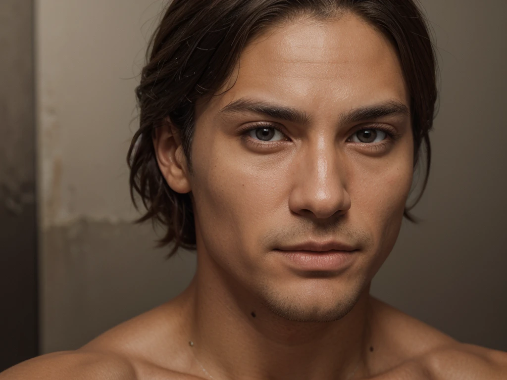 a muscular tanned man with brown eyes, highly detailed, vivid colors, fine art portrait, best quality, 8k, photorealistic