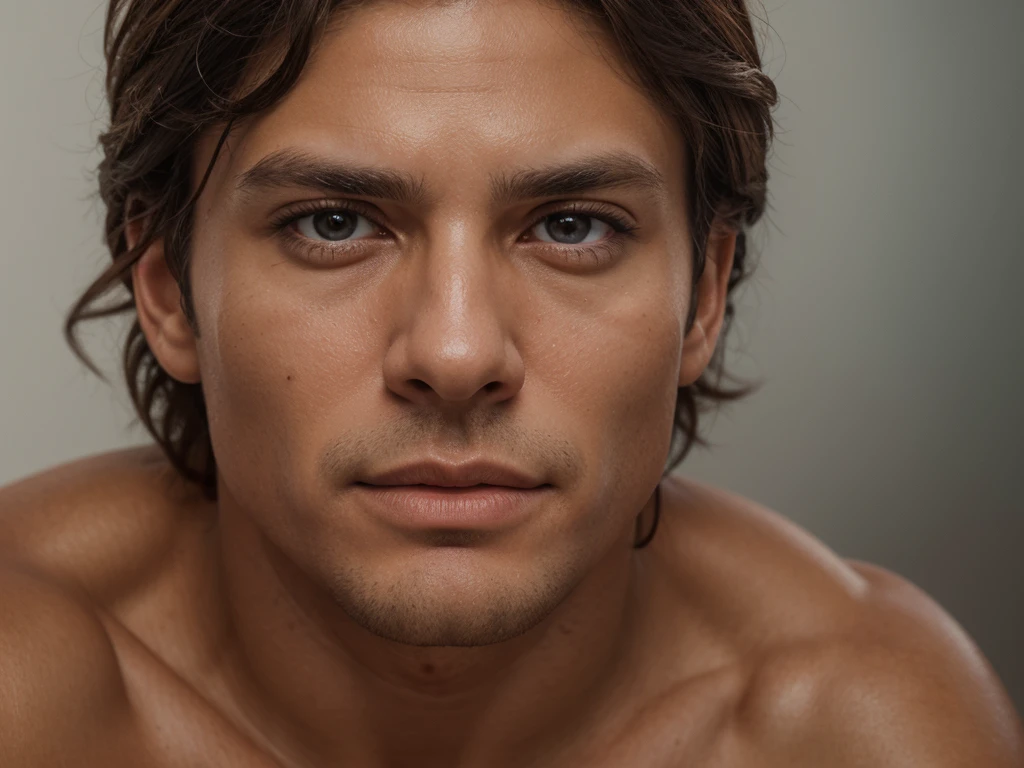 a muscular tanned man with brown eyes, highly detailed, vivid colors, fine art portrait, best quality, 8k, photorealistic