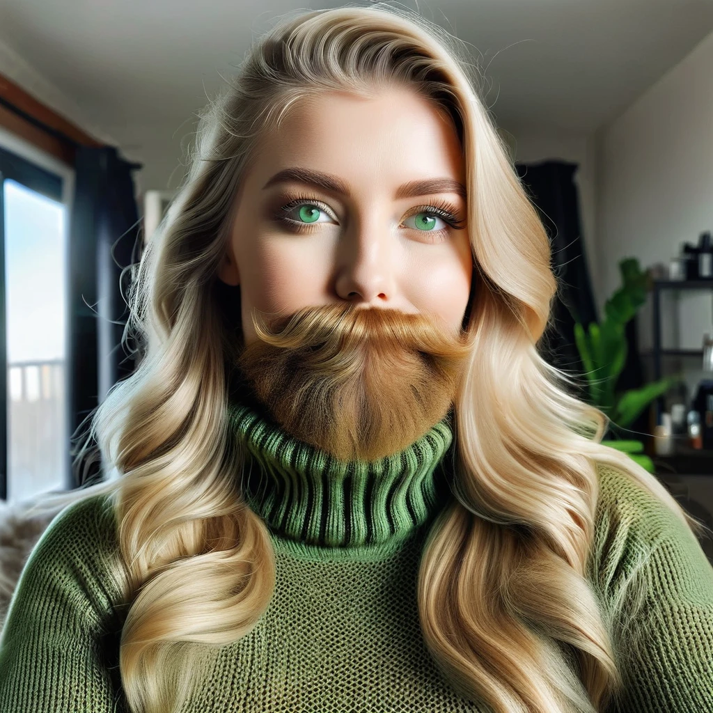 
girl with a huge beard, blonde, light dream green eyes, wears a turtleneck sweater, happy to receive her minoxidil beard product