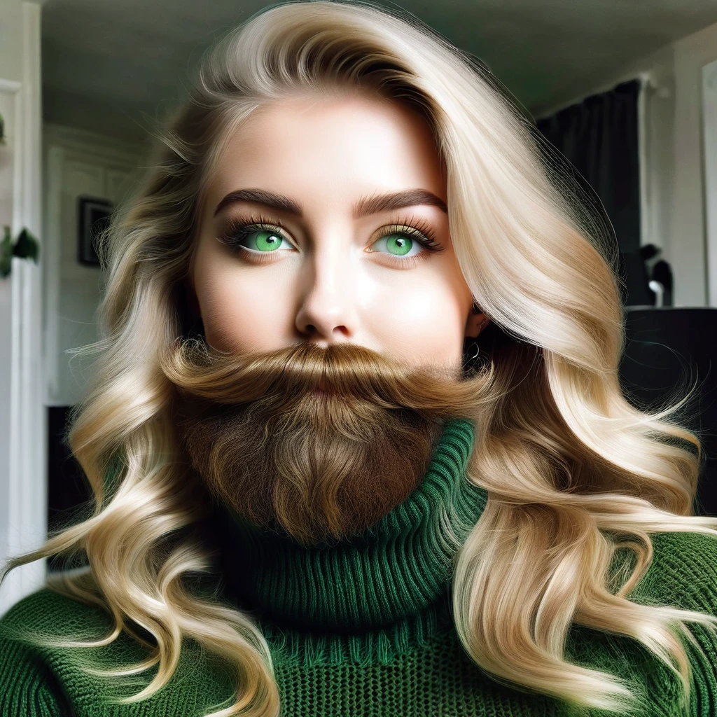 
girl with a huge beard, blonde, light dream green eyes, wears a turtleneck sweater, happy to receive her minoxidil beard product