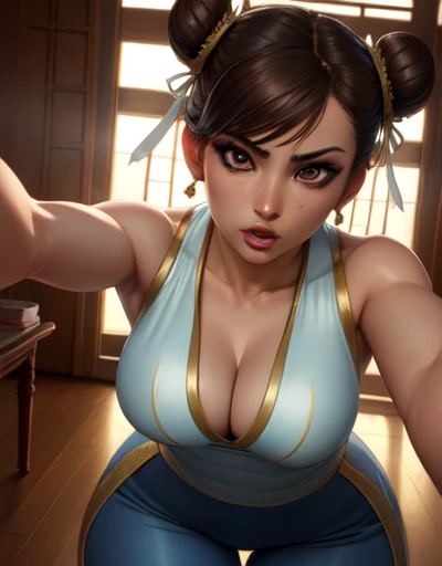 chun li, brown hair, brown eyes,  double bun,  hair ribbon,  
multi colored dress, pelvic curtain,  blue pants, bangles,  cleavage,  
 upper body,   wide hips, long sexy legs, 
morning,  temple,  indoors, 
(insanely detailed, beautiful detailed face,beautiful detailed eyes, masterpiece, best quality) , solo in perspective 
