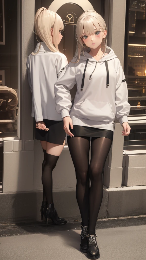Prompt: (((32K CG, UHD, detailed view))),()(Full-length))),(((full body:1.3))) (RAW photo, best quality), (realistic),photo, masterpiece, 1girl, ponytail, looking at viewer, hoodies, jacket, shorts, at night outdoor, harbor, street, full body, (light smile:0.7),blush, long shot,photorealistic,Secretary_uniform,white_shirt,black_leather_skirt,black_stockings