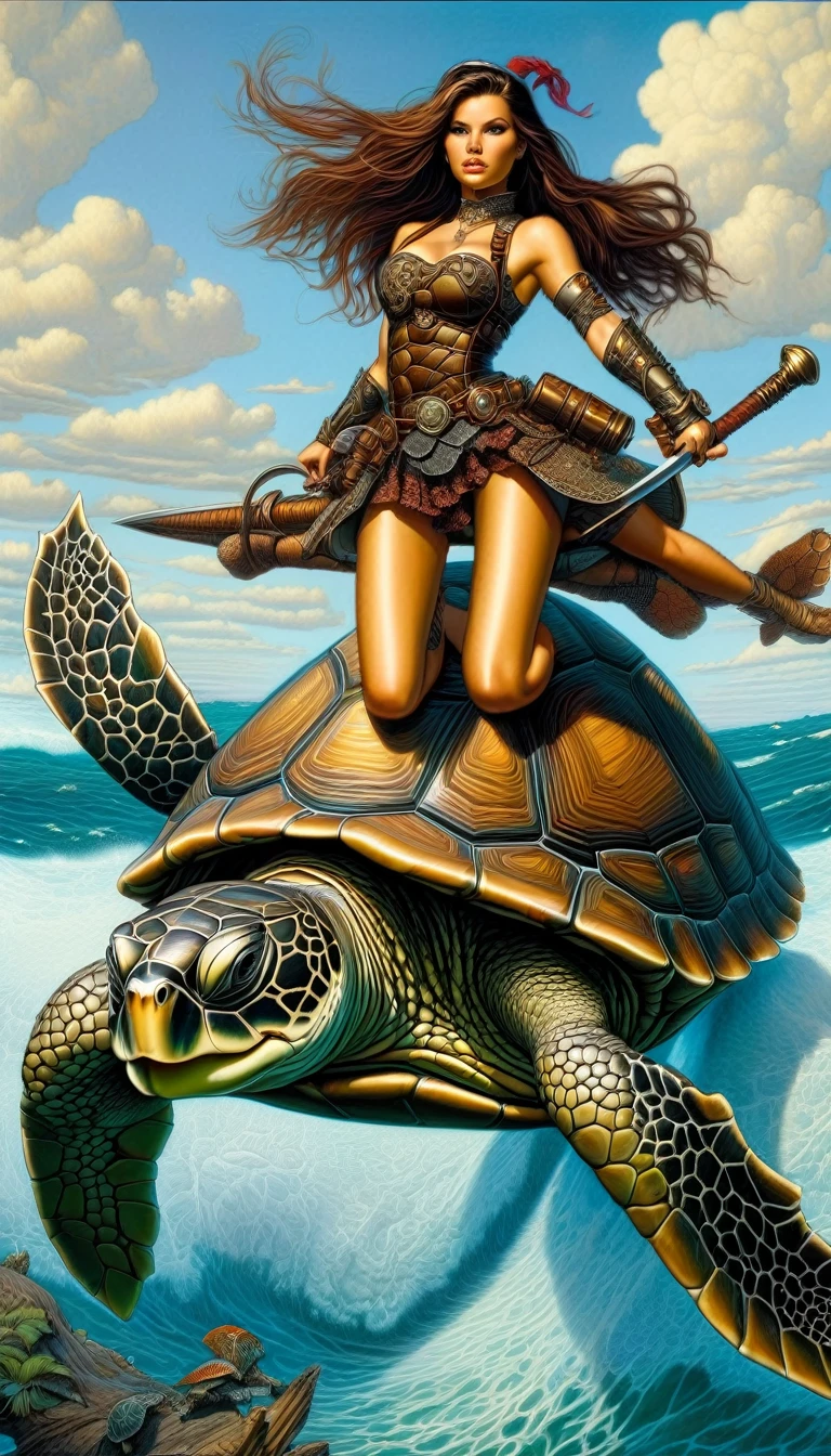 girl standing on top of a turtle, warrior girl, sexy, steampunk armor, riding a turtle, sea (art inspired by Geoff Darrow, intricate details, oil painted )