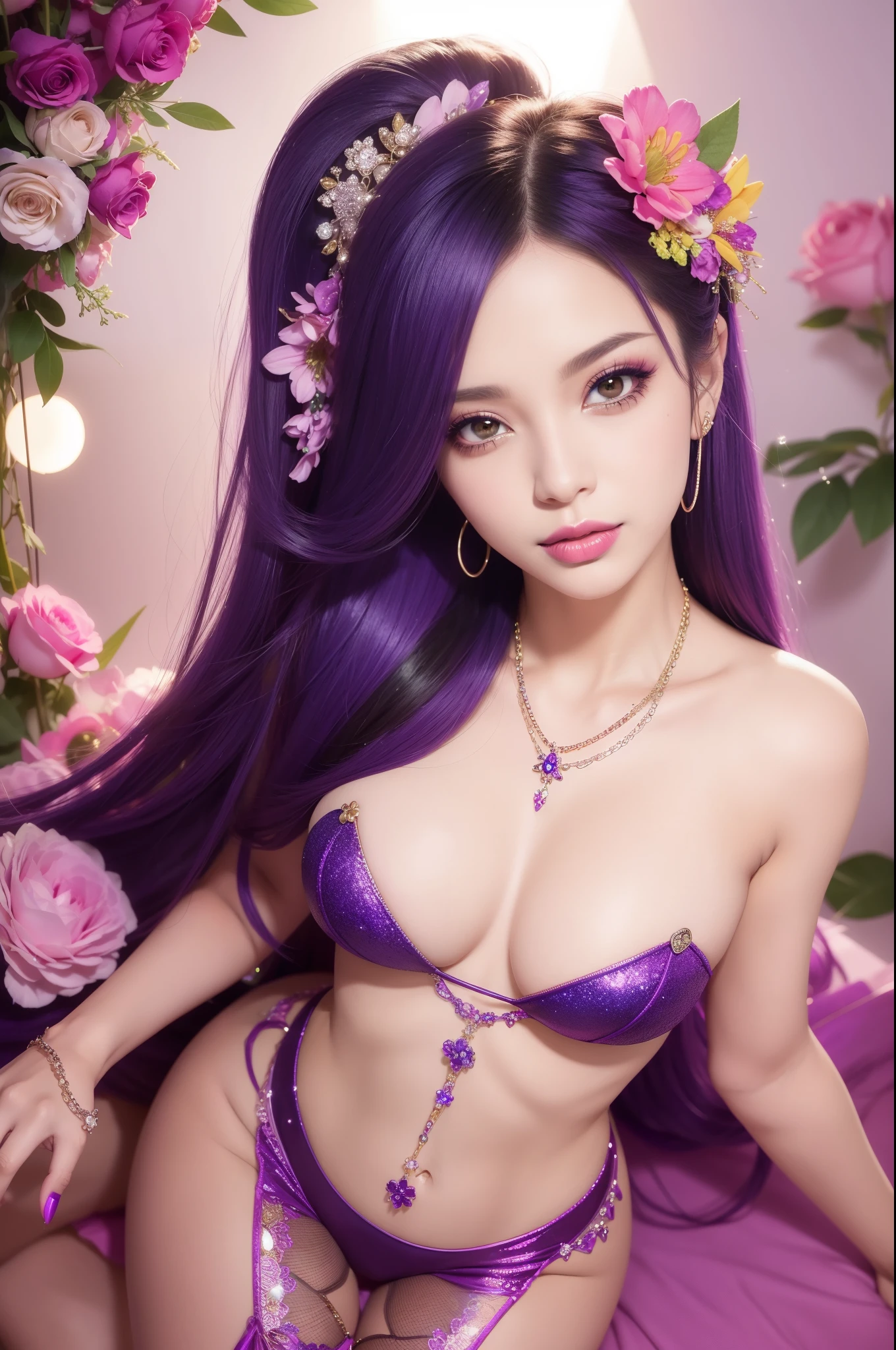 sexy Brazilian model who controls poison、beautiful smile、lipgloss、bold lipstick、intense makeup、look at the camera、full body Esbian、、sparkling poisoned flower costume、、、、sparkling Colorful hair、secrete poison、skull hair accessories、sexy tights、shiny sparkling flowers background