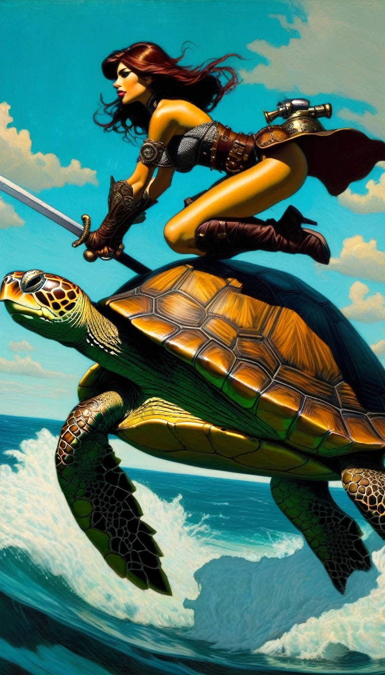 girl standing on top of a turtle, warrior girl, sexy, steampunk armor, riding a turtle, sea (art inspired by mike Mignola, intricate details, oil painted )
