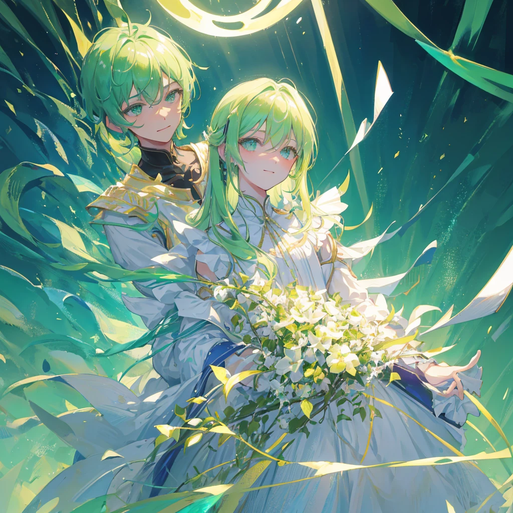 a beautiful ethereal boy with light green hair, light green eyes, smiling, soft boy, portrait, extremely detailed, highres, 8k, best quality, masterpiece, vivid colors, studio lighting, intricate details, glowing skin, gentle expression, serene sky background, dreamy atmosphere (BOY, MALE BOY MAN MAN BOY MALE) MALE FACE, NOT TOO LONG HAIR, MALE FACE, ADULT, PORTRAIT, SLIGHTLY SHORT HAIR