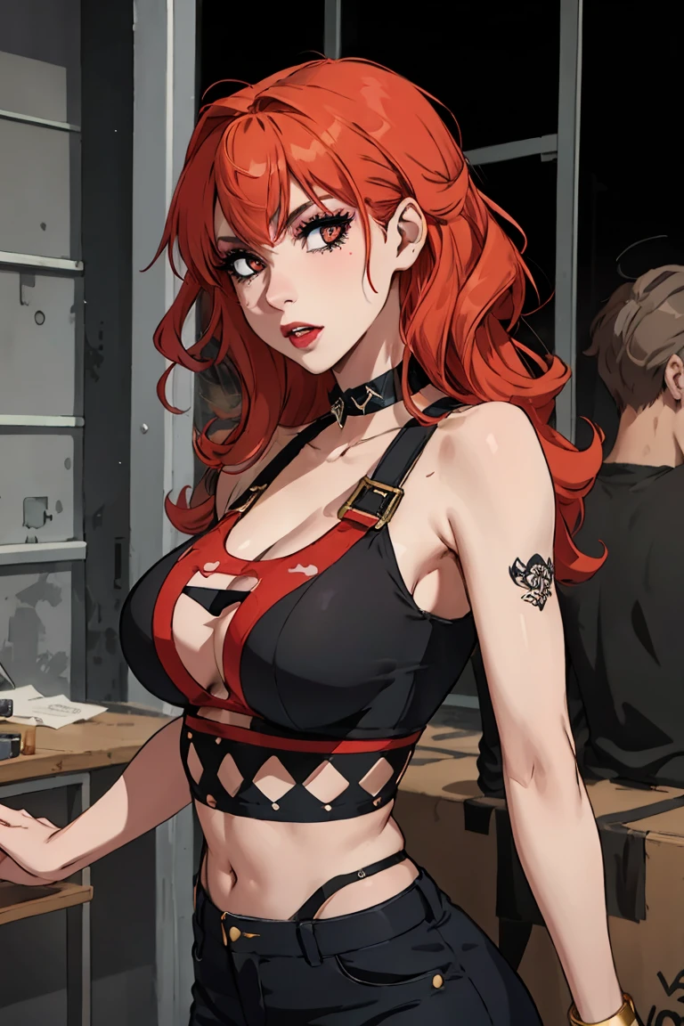 (masterpiece:1.2, best quality), (real picture, intricate details), (1lady, solo, curvy upper body, big ) The clothes are red and gold ar:avant-garde,avant-garde,Experiment with appearance:curlies,Dramatic makeup,Unconventional fashion choice behavior:rebelliousness、non-conformist、Provocation location:demon eyes,urban art district、Underground music venues Hobbies:Particiwpation in punk shows、creating mixed media art、Try different subcultural values:individuality、Realiy、Creative expression of inspiration:goth artmusic、Counterculture icons,Avant-garde art movement character traits:boldness、boldness、act outside the box