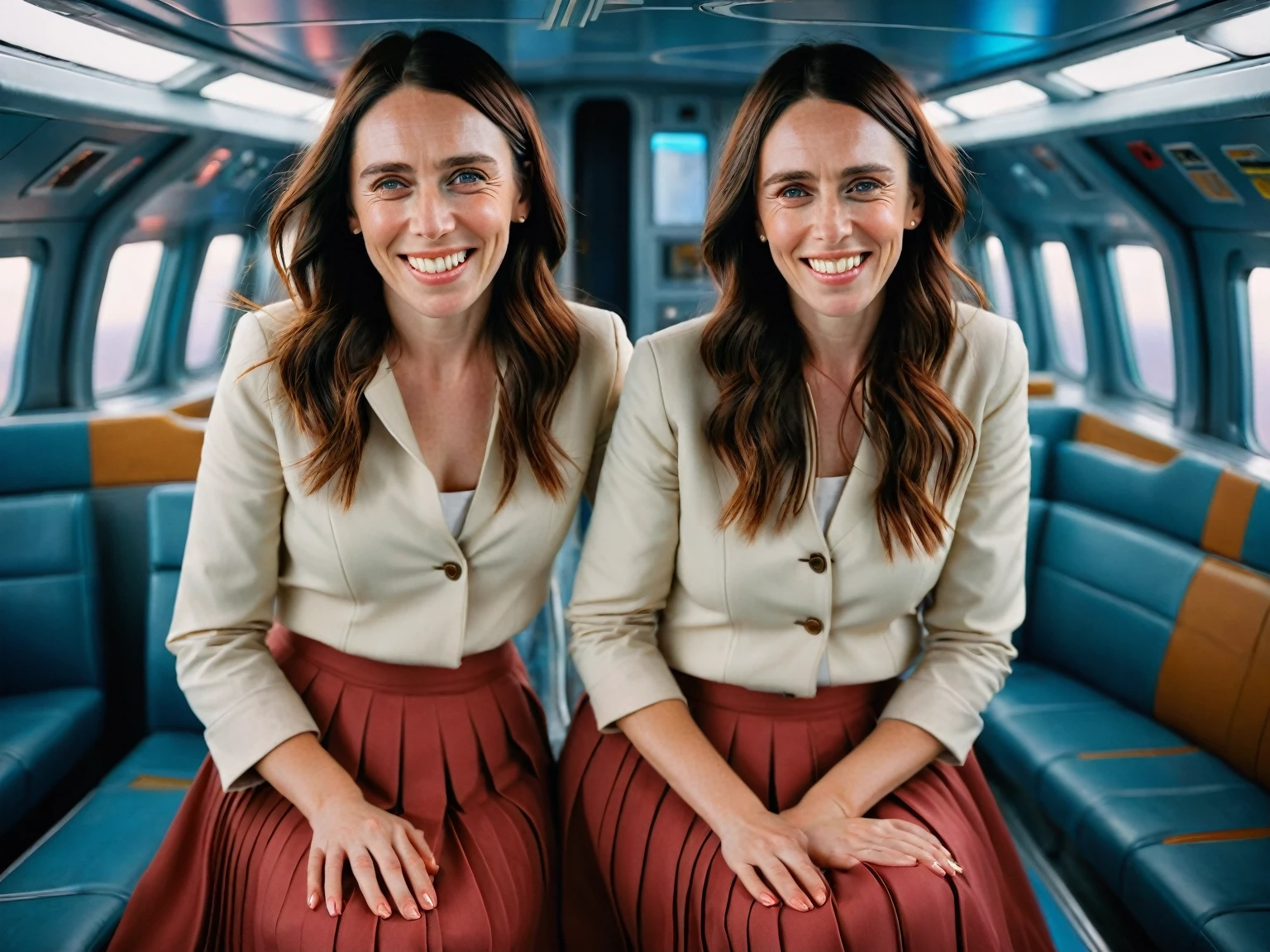 Insatiable Skirt lover and kind, shy woman Jacinda Ardern has Intense Orgasming love for her skirt, sitting and wearing (long pleated full circle skirt), uniform jacket and strapless low pump office shoes, (pronounced (feminine) features), (very windy), skirt is flowing wildly in the wind, inside a spaceship travelling through deep space, very, very intricate hyper-detailed symmetric (attractive graceful young feminine face) with (sad, tired eyes and a loving smile), very voluptuous breasts, full of empathy and compassion and love, (pronounced (feminine) features), (highly detailed ultra accurate realistic) hands and fingers, (windy), epic composition, highly detailed attributes, (35mm f1.4 Kodak portra 400 photograph), extremely high quality RAW photograph, highly detailed atmosphere, sci-fi, cinematic shot, dynamic lighting, 75mm, Technicolor, Panavision, cinemascope, sharp focus, fine details, 8k, HDR, realism, realistic, key visual, film still, superb cinematic color grading, depth of field
