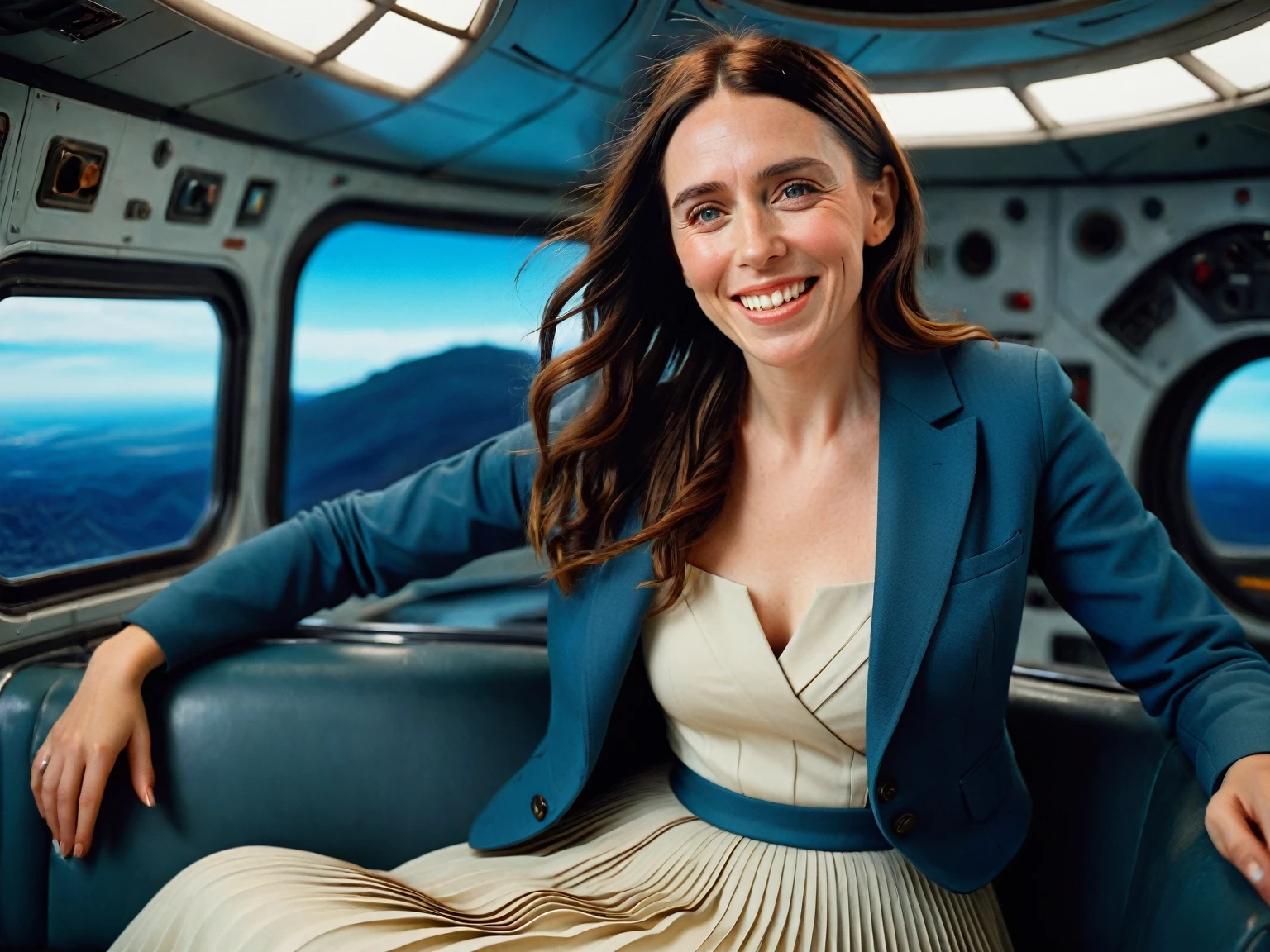 Insatiable Skirt lover and kind, shy woman Jacinda Ardern has Intense Orgasming love for her skirt, sitting and wearing (long pleated full circle skirt), uniform jacket and strapless low pump office shoes, (pronounced (feminine) features), (very windy), skirt is flowing wildly in the wind, inside a spaceship travelling through deep space, very, very intricate hyper-detailed symmetric (attractive graceful young feminine face) with (sad, tired eyes and a loving smile), very voluptuous breasts, full of empathy and compassion and love, (pronounced (feminine) features), (highly detailed ultra accurate realistic) hands and fingers, (windy), epic composition, highly detailed attributes, (35mm f1.4 Kodak portra 400 photograph), extremely high quality RAW photograph, highly detailed atmosphere, sci-fi, cinematic shot, dynamic lighting, 75mm, Technicolor, Panavision, cinemascope, sharp focus, fine details, 8k, HDR, realism, realistic, key visual, film still, superb cinematic color grading, depth of field