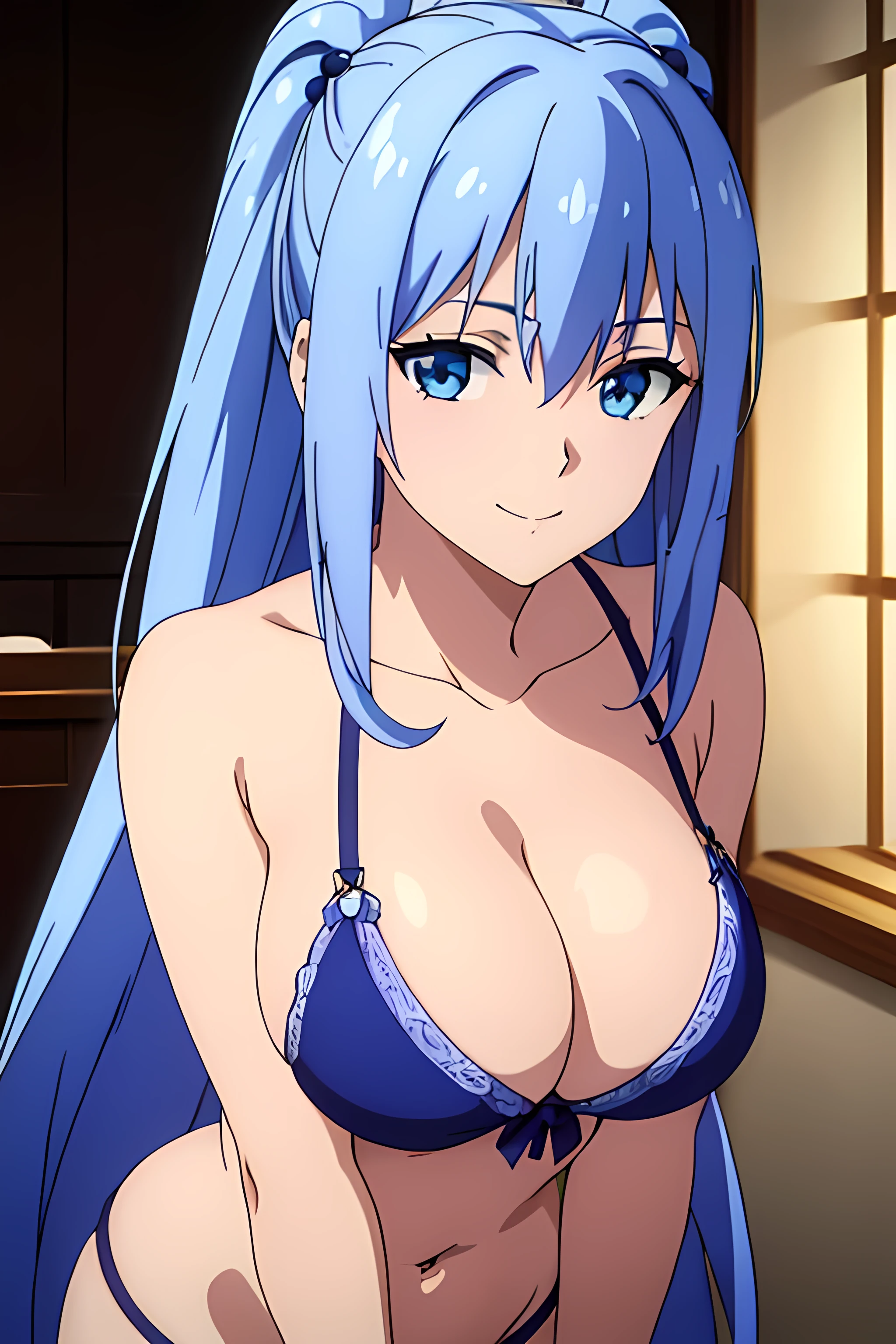 (masterpiece:1.2, best quality), (finely detailed beautiful eyes: 1.2), (extremely detailed CG unity 8k wallpaper, masterpiece, best quality, ultra-detailed), (masterpiece, best quality:1.2), 1girl, female solo, big breasts, rounded breasts, shining breasts, perfect eyes, perfect face, perfect body, seductive, smile, looking at viewer, cleavage, aqua, long hair, blue eyes, hair ornament, very long hair, blue hair, hair rings, single hair ring, hair bobbles, light lilac bra, light lilac panties, light lilac lingerie