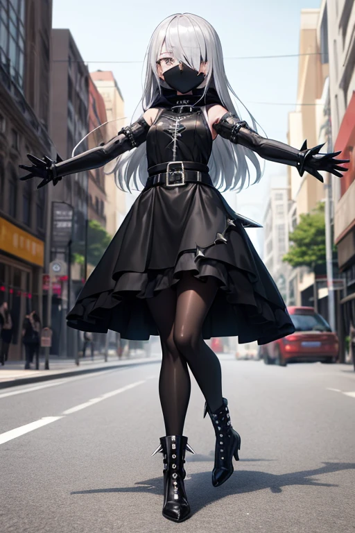 ((best quality)), ((masterpiece)), (detailed), 1 girl, Full body, 18 years old, Depressed face, Silver eyes, Arms outstretched, Arms behind waist, Metal covering her eyes, Eyes covered, Blushing, Silver hair, Straight hair, Bangs, Strand of hair covering her eye, Full body, Small breasts, Slim body, Grey hood, Metal spikes, Grey wristbands, Long black gloves with spikes, Grey goth outfit, Gothic ta, Grey dress with metal spikes, Metal emblem, Tight fitting, Black belt, Metal legs, Black pantyhose, Black boots, Walking through the city, Metal spikes sticking out of the road, City background, Anime