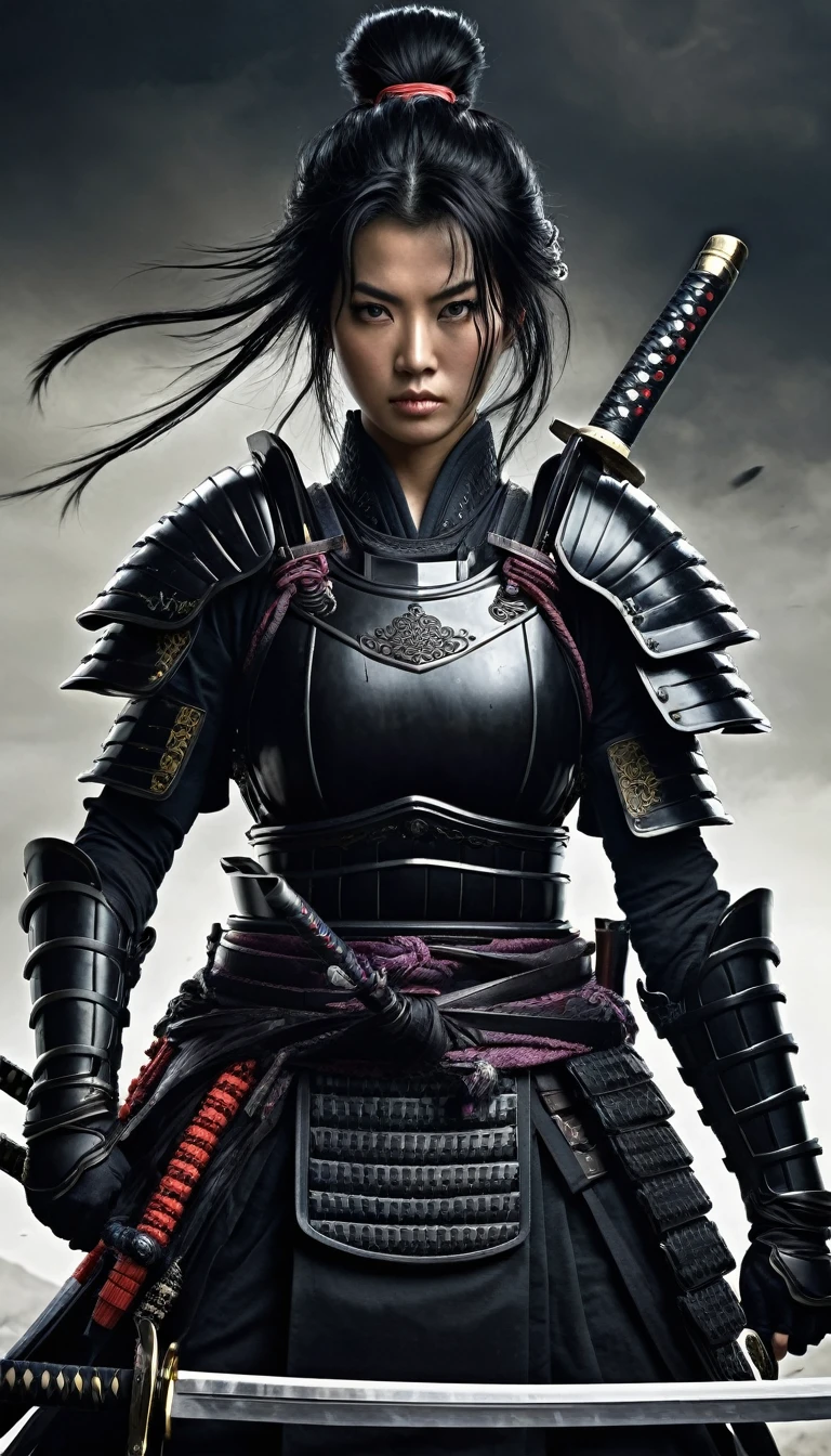 one women, Samurai Warrior, dirty black hair, dark fantasy, detailed black armor, big sword