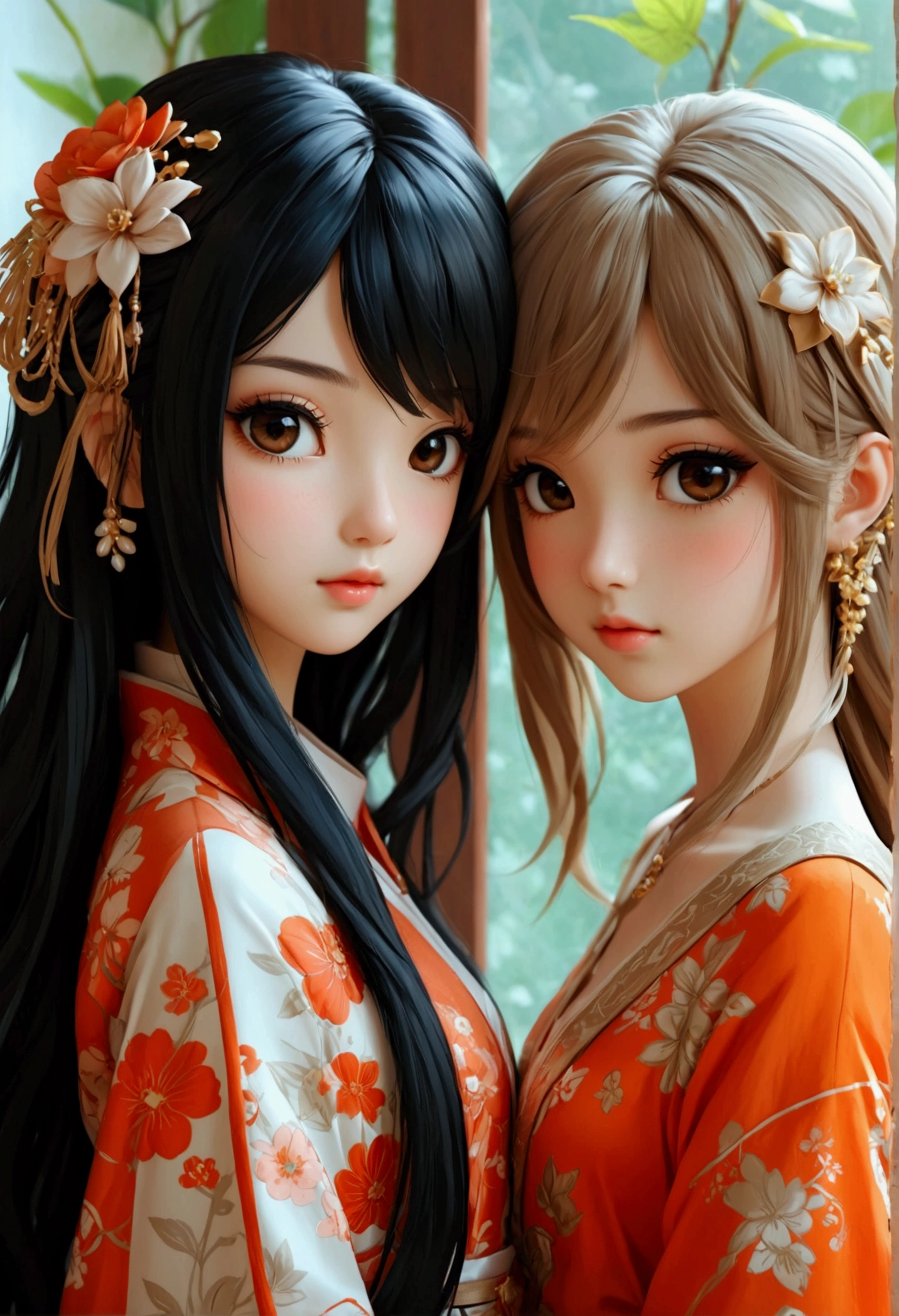 Beautiful Sara kay style chibis, one with long black hair, delicate Asian features, the other with semi-long light brown hair, delicate British features, both are in love. illustration, 3d rendering, photography, realistic, anime, photography, poster, fashion, portrait photography