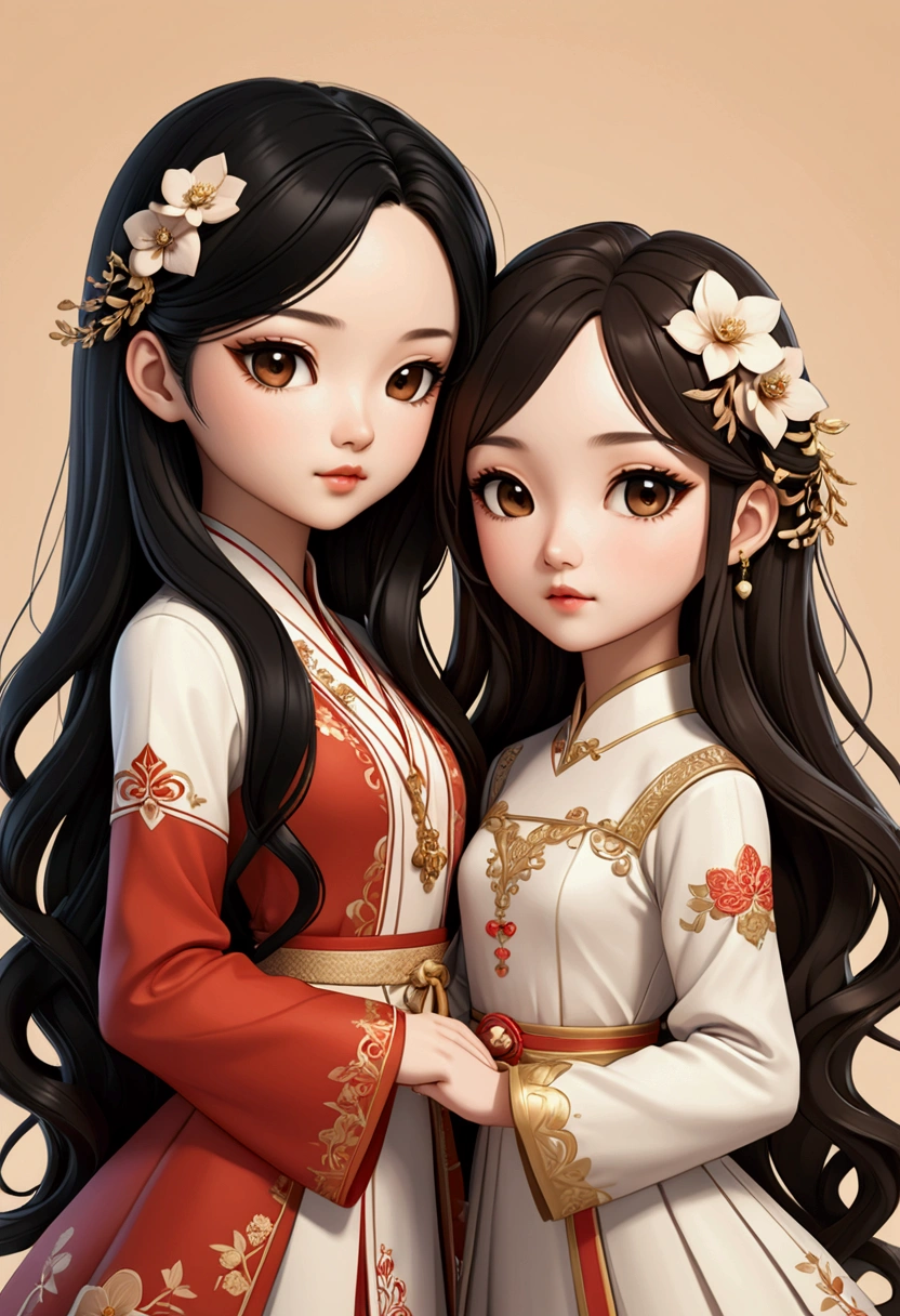 Beautiful Sara kay style chibis, one with long black hair, delicate Asian features, the other with semi-long light brown hair, delicate British features, both are in love. illustration, 3d rendering, photography, realistic, anime, photography, poster, fashion, portrait photography