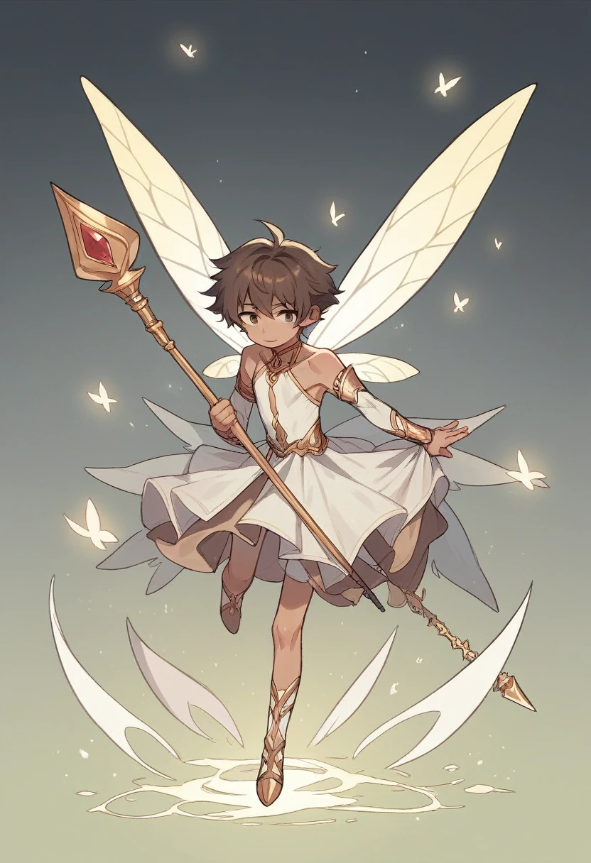 Score_9, score_8_up, score_7_up, source_anime, 1 boy, young boy, brown hear, young hair, spear, divine, aure Lust, fairy aure, femboy.