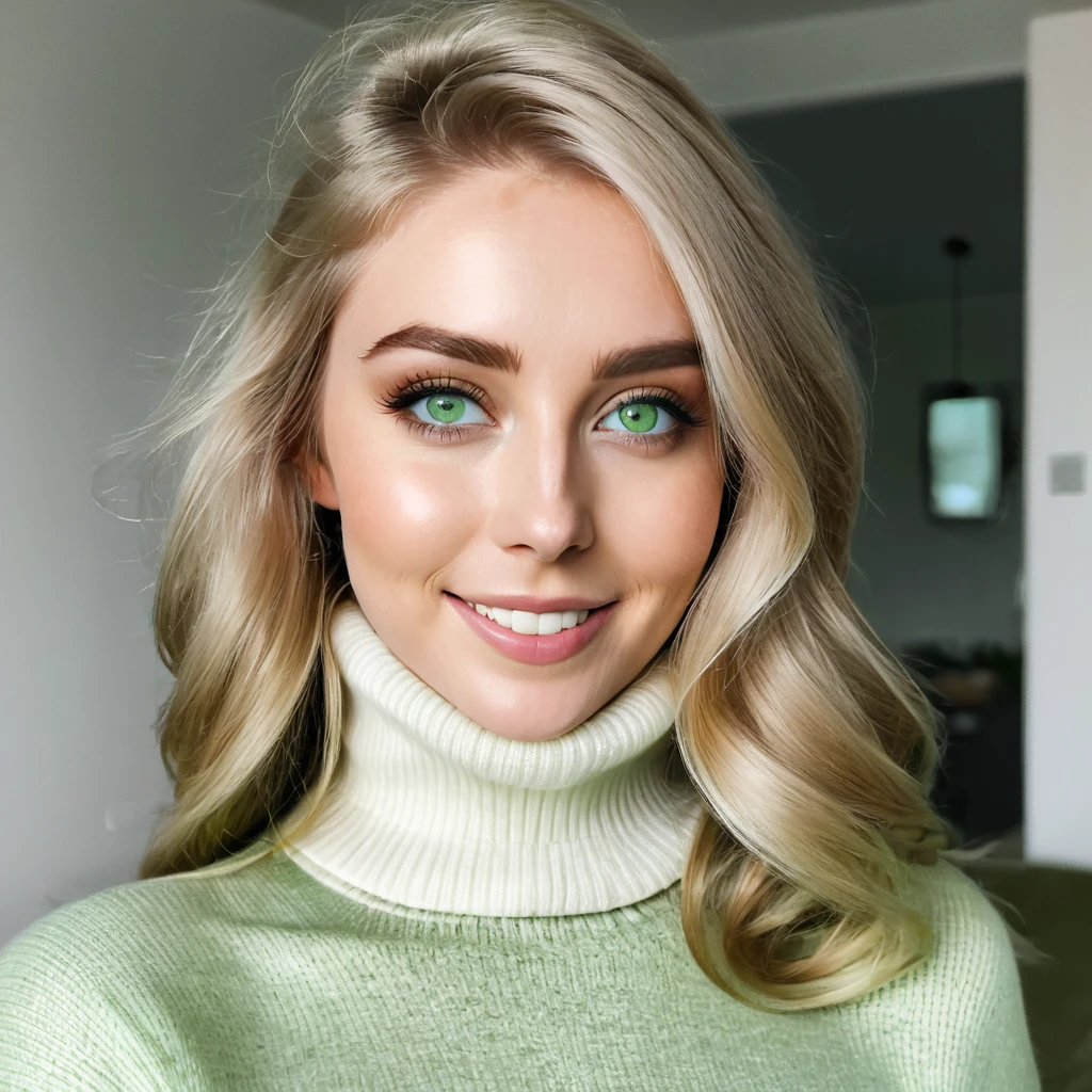 young woman with beard, blonde long hair, light dream green eyes, wears a turtleneck sweater, happy to receive her minoxidil package