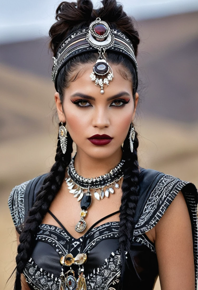 

### Paula: Soprano Voice
**Hair**: negro, long, with small braids decorated with indigenous beads and feathers.

**outfit**: 
Paula lleva vestidos longs de terciopelo negro, tight with lace corsets. Their dresses usually have long, flared sleeves and are adorned with fine embroidery of indigenous motifs.. He usually wears long velvet or silk capes with a hood., decorated with delicate embroidery.

**accessories**: 
Wear silver and dark metal necklaces with precious stones and indigenous motifs. It has leather bracelets with metallic details and large rings with dark stones.. Sometimes, she wears small tiaras or headbands with feathers and precious stones that complement her braids.

**shoes**: 
High leather boots with heels, decorated with buckles and lace or velvet details.

**make-up**: 
Smokey eyes in dark tones, silver and gold, with intense eyeliner and long eyelashes. Burgundy lips, black or deep red.

### Alejandra: Guttural Voice
**Hair**: short, shoulder-length, usually loose or messy.

**outfit**: 
Alejandra wears studded leather jackets, indigenous band and embroidery patches. His leather pants are tight and have hanging chains and indigenous embroidery on the sides..

**accessories**: 
He wears long thick chains, leather and metal bracelets with indigenous motifs, and large rings with aggressive designs. depending on the song, wear masks and crowns made with natural materials and metallic details.

**shoes**: 
Large military boots, black, with buckles and metal details.

**make-up**: 
Eyes lined with intense black and dark shadows with red or silver details. Lips in black or intense red tones.

