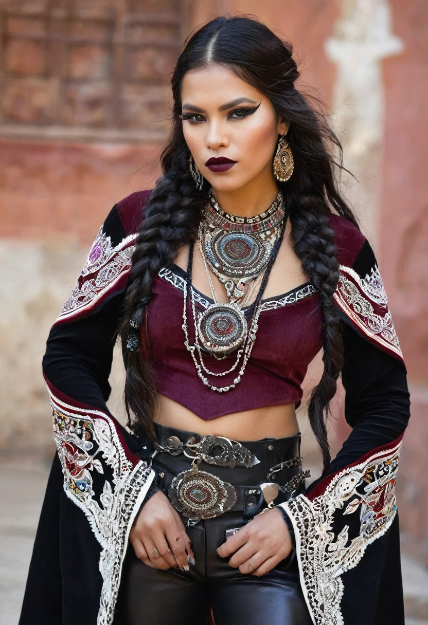 ### Paula: Soprano Voice
**Hair**: negro, long, with small braids decorated with indigenous beads and feathers.
**outfit**:
Paula lleva vestidos longs de terciopelo negro, tight with lace corsets. Their dresses usually have long, flared sleeves and are adorned with fine embroidery of indigenous motifs.. He usually wears long velvet or silk capes with a hood., decorated with delicate embroidery.
**accessories**:
Wear silver and dark metal necklaces with precious stones and indigenous motifs. It has leather bracelets with metallic details and large rings with dark stones.. Sometimes, she wears small tiaras or headbands with feathers and precious stones that complement her braids.
**shoes**:
High leather boots with heels, decorated with buckles and lace or velvet details.
**make-up**:
Smokey eyes in dark tones, silver and gold, with intense eyeliner and long eyelashes. Burgundy lips, black or deep red.
### Alejandra: Guttural Voice
**Hair**: short, shoulder-length, usually loose or messy.
**outfit**:
Alejandra wears studded leather jackets, indigenous band and embroidery patches. His leather pants are tight and have hanging chains and indigenous embroidery on the sides..
**accessories**:
He wears long thick chains, leather and metal bracelets with indigenous motifs, and large rings with aggressive designs. depending on the song, wear masks and crowns made with natural materials and metallic details.
**shoes**:
Large military boots, black, with buckles and metal details.
**make-up**:
Eyes lined with intense black and dark shadows with red or silver details. Lips in black or intense red tones.