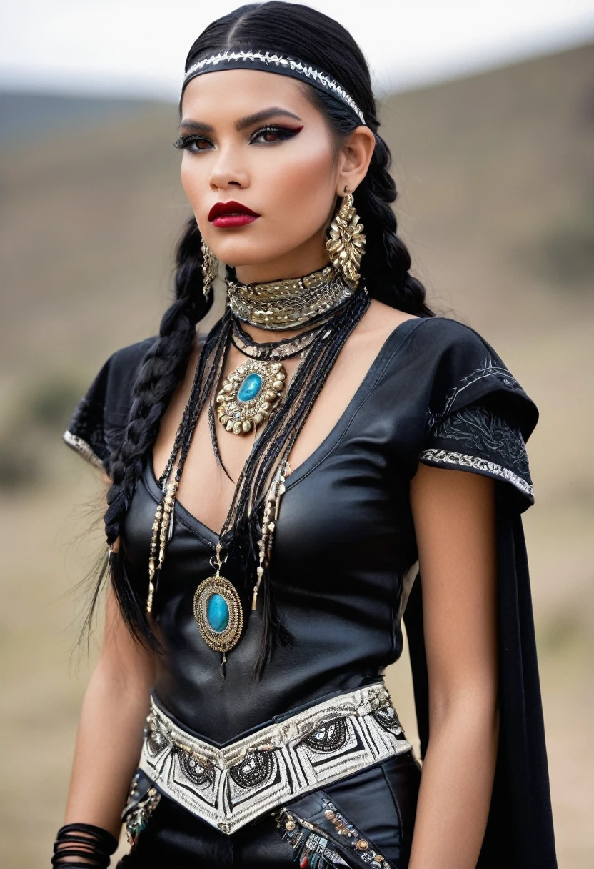 ### Paula: Soprano Voice
**Hair**: negro, long, with small braids decorated with indigenous beads and feathers.
**outfit**:
Paula lleva vestidos longs de terciopelo negro, tight with lace corsets. Their dresses usually have long, flared sleeves and are adorned with fine embroidery of indigenous motifs.. He usually wears long velvet or silk capes with a hood., decorated with delicate embroidery.
**accessories**:
Wear silver and dark metal necklaces with precious stones and indigenous motifs. It has leather bracelets with metallic details and large rings with dark stones.. Sometimes, she wears small tiaras or headbands with feathers and precious stones that complement her braids.
**shoes**:
High leather boots with heels, decorated with buckles and lace or velvet details.
**make-up**:
Smokey eyes in dark tones, silver and gold, with intense eyeliner and long eyelashes. Burgundy lips, black or deep red.
### Alejandra: Guttural Voice
**Hair**: short, shoulder-length, usually loose or messy.
**outfit**:
Alejandra wears studded leather jackets, indigenous band and embroidery patches. His leather pants are tight and have hanging chains and indigenous embroidery on the sides..
**accessories**:
He wears long thick chains, leather and metal bracelets with indigenous motifs, and large rings with aggressive designs. depending on the song, wear masks and crowns made with natural materials and metallic details.
**shoes**:
Large military boots, black, with buckles and metal details.
**make-up**:
Eyes lined with intense black and dark shadows with red or silver details. Lips in black or intense red tones.