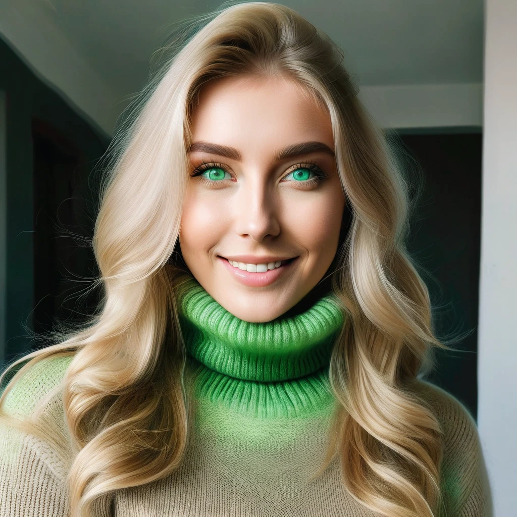 
young woman with beard, blonde long hair, light dream green eyes, wears a turtleneck sweater, happy to receive her minoxidil package