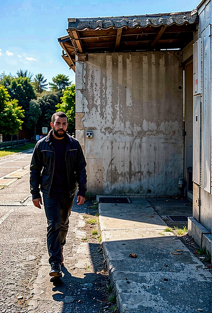 a latin man, 28 years old dark, without so much front, with medium comb over haircut, for the side and beard black, sheltered with a jacket in the middle of a road, walking into nowhere. calm and peaceful composition, wide angle camera scene, contemplative scene, full body shot, sun and daylight, movie perspective, High Definition, photorealistic