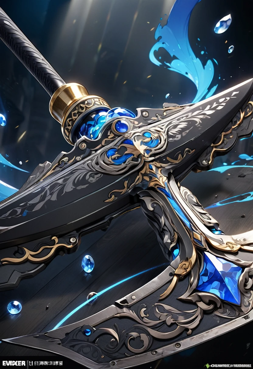 masterpiece, official art, 8k, best quality, highly detailed, 2 handed hammer weapon made of pitch black steel, embedded with blue gems