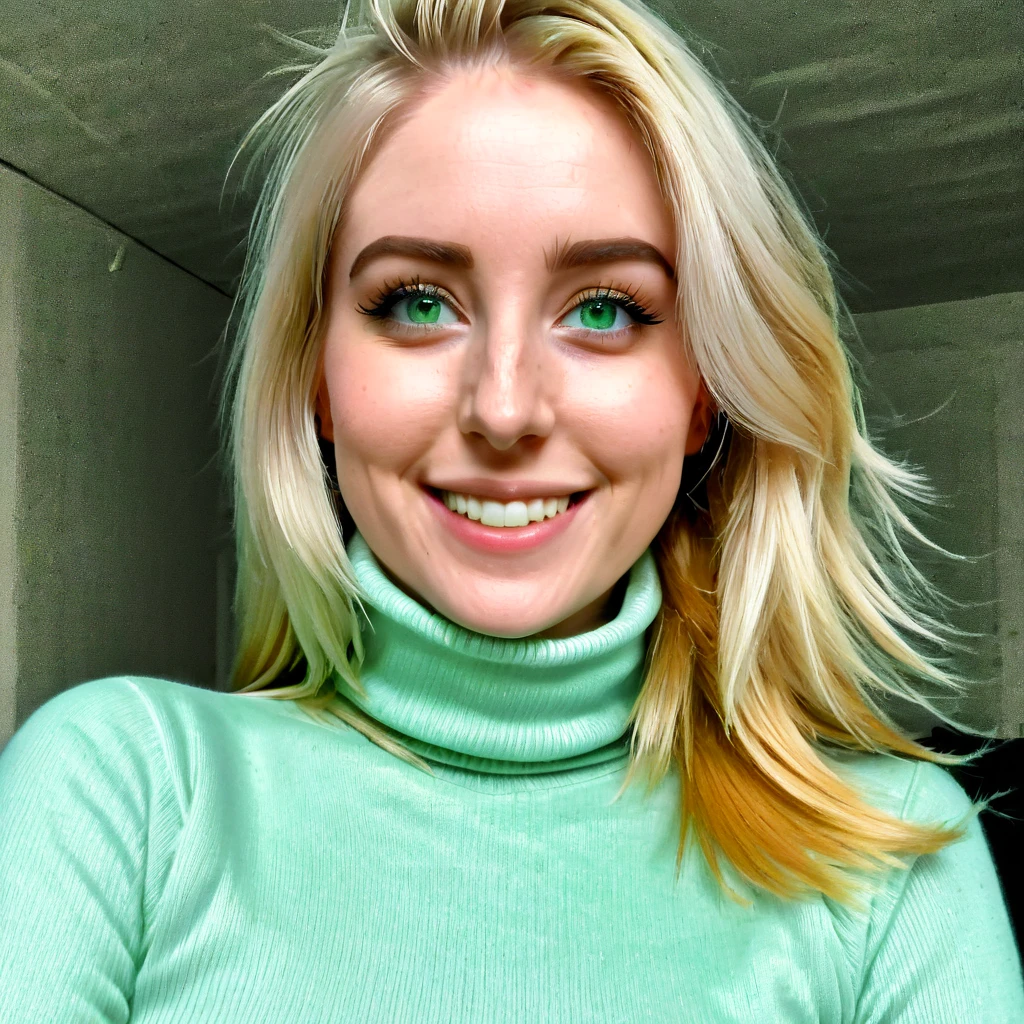 
young woman with beard, blonde long hair, light dream green eyes, wears a turtleneck sweater, happy to receive her minoxidil package