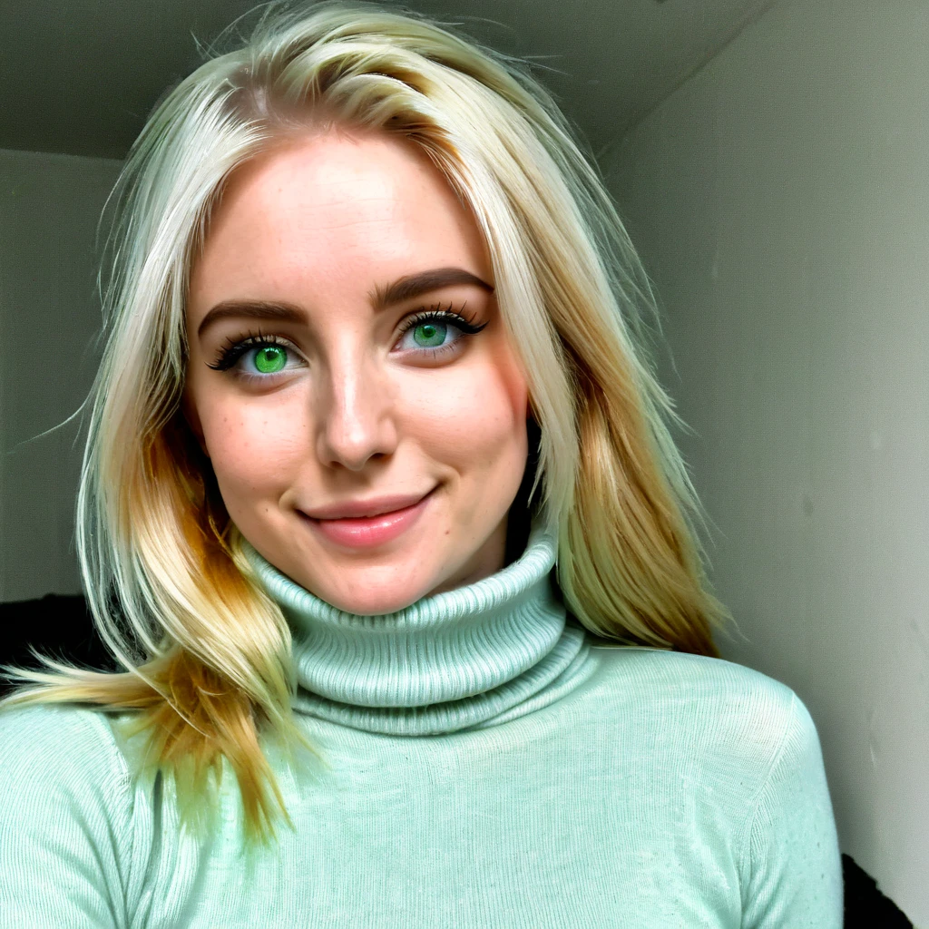 
young woman with beard, blonde long hair, light dream green eyes, wears a turtleneck sweater, happy to receive her minoxidil package