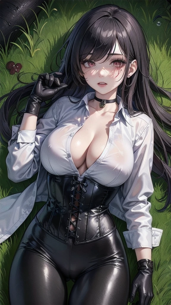 ((blood droplets)), ((blood)), ((blood splatter)), ((blood on clothes)), ((blood stain)), Masterpiece, Beautiful art, professional artist, 8k, tired expression, showing teeth slightly, very detailed face, Detailed clothing, detailed fabric, 1 girl, View from above, lying on the ground, BIG BREASTS, perfectly drawn body, , pale skin, tired expression, beautiful face, long black hair, 4k eyes, very detailed eyes, pink cheeks, choker:1.6, (white long sleeve button down shirt with white collar), black gloves, gloves that cover hands, (black leather corset), (shiny black leggings), Sensual Lips, show details in the eyes, dark forest, Atmosphere, fog, At night