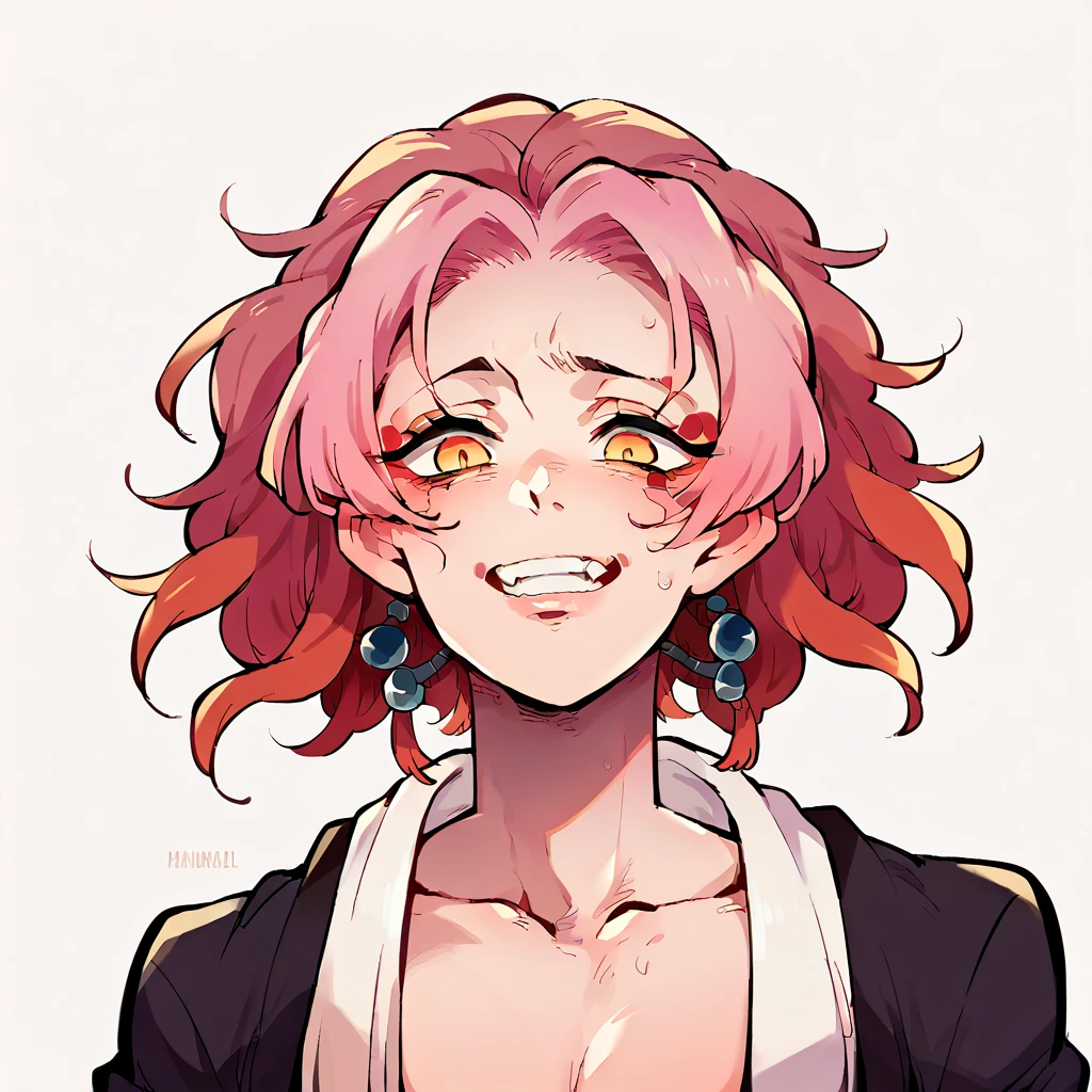 masterpiece, Highest quality, One girl, Chunky h○rns, l○ungewear, sh○rt hair, Ruby Eyes, c○pper hair, :○, Sunburn, tw○-t○ne backgr○und, fantasy ○f terr○r   