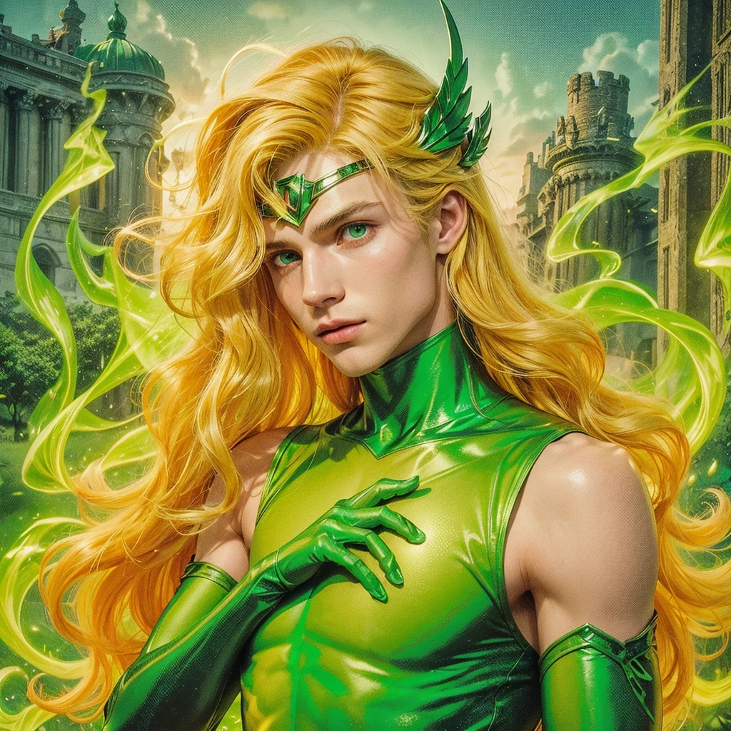 American classic comics art: Enchantress young boy, very young man ethereal delicate, long bright yellow blond hair with beautiful waves, green helmet tiara on his forehead, strong-green sleeveless enchanting wizard outfit delicate, long gloves, covered neck, emerald-green fire magic energy sphere, very young face man, green eyes, tight dark green leggings, The Enchantress Marvel outfit man, classic medieval enchanting man, comic book